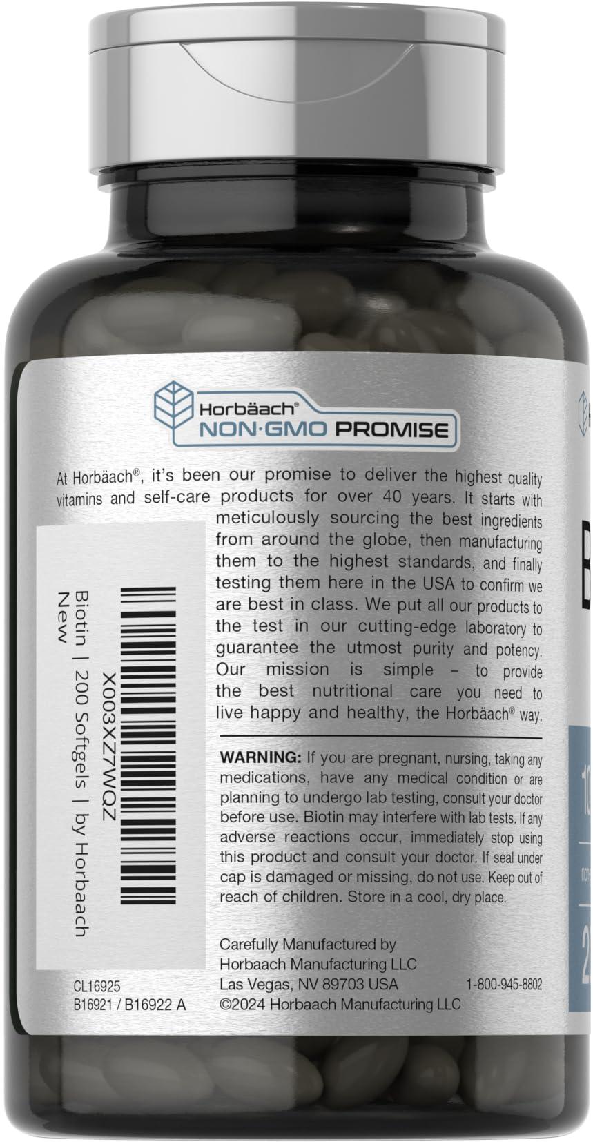 Horbach Horbaach Biotin 10000 mcg | 200 Softgels | Vitamin B7 Supplement | Non-GMO & Gluten Free
