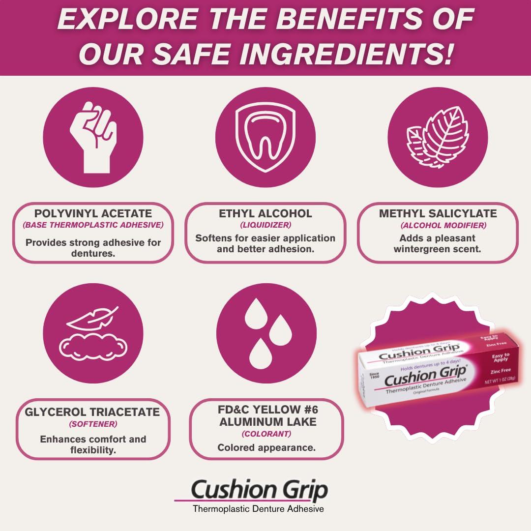 Cushion Grip Cushion Grip Thermoplastic Denture Adhesive, 1 oz - Get a Snug, Secure Fit for Upper and Lower Dentures and Partials | Non-Glue Adhesive, Acts Like a Soft Reline (Pack of 12)