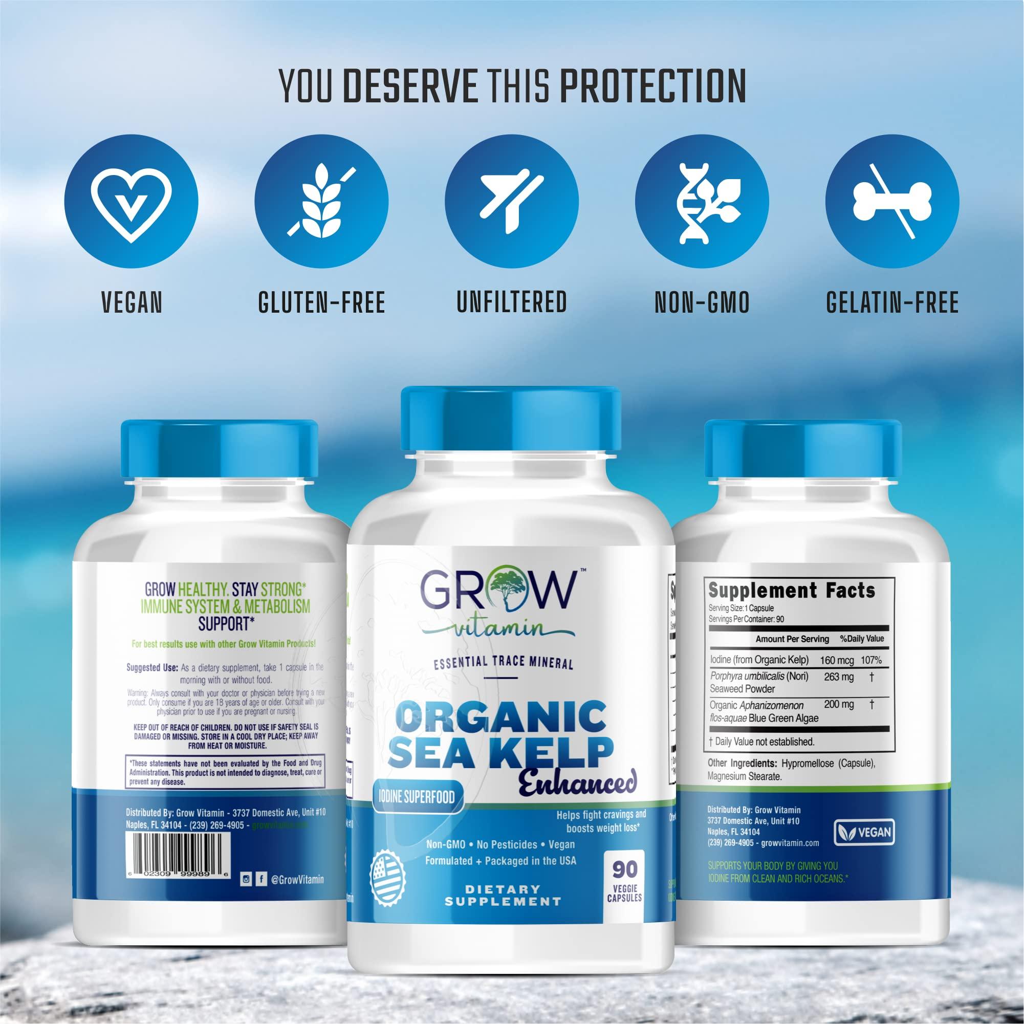 grow vitamin Organic Sea Kelp (Icelandic) Enhanced - Pure Healthy Thyroid Support Natural Iodine Supplement w/Organic Sea Kelp, Blue-Green Algae & Red Algae - Immune System & Metabolism Support - 90 Capsules