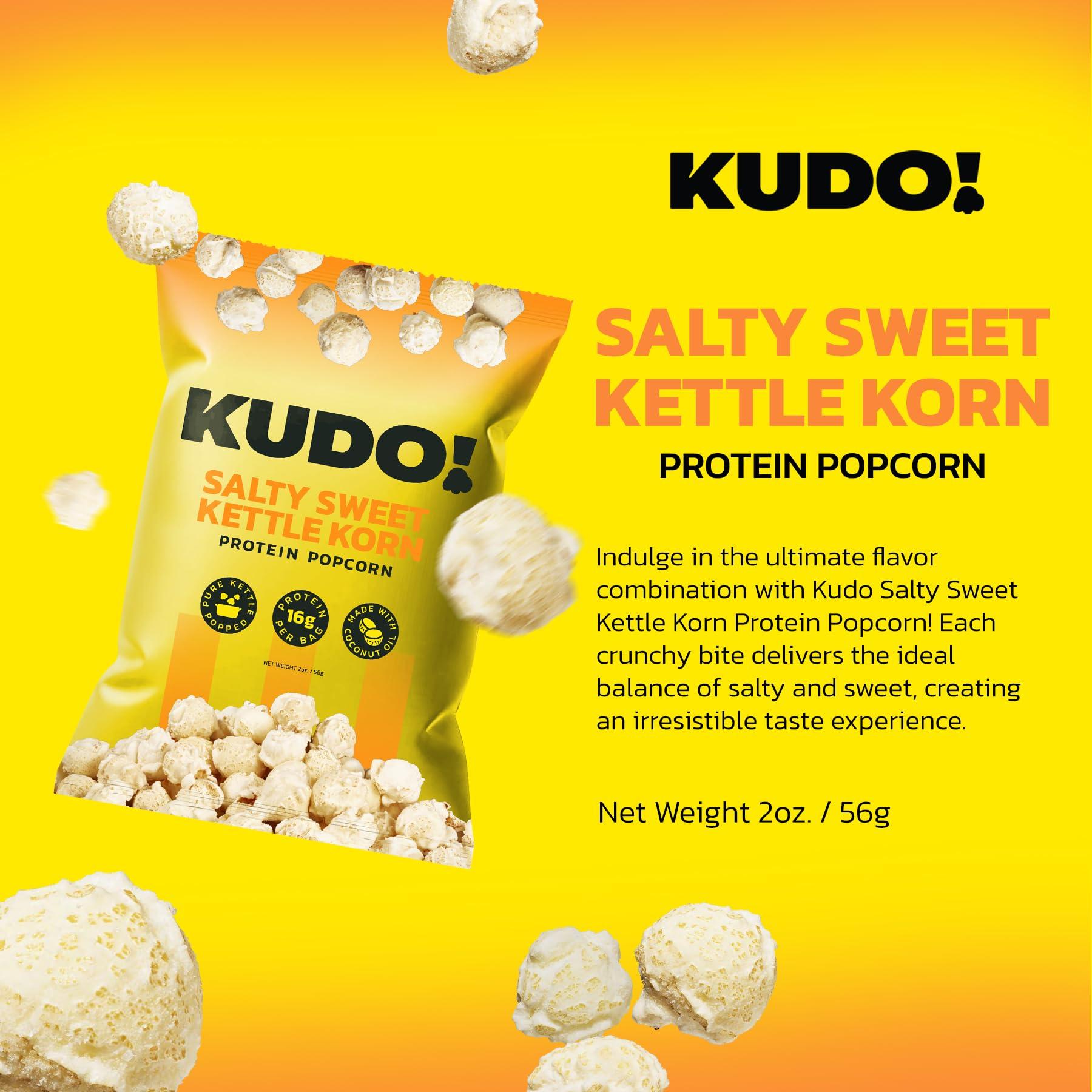 KUDO KUDO Protein Popcorn, Salty Sweet | 10g of Protein Per Bag | 100% Whole Grain & Non-GMO Healthy Snacks | Keto Friendly & Gluten Free Kettle Popcorn, 2 oz. Bag (2 Pack)