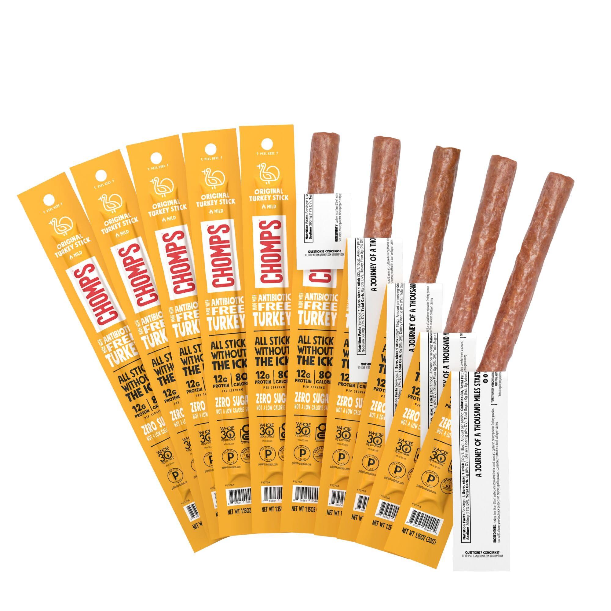 Chomps Chomps Original Turkey Jerky Meat Snack Sticks 10-Pack - Keto, Paleo, Low Carb, Whole30 Approved, 12g Lean Meat Protein, Gluten Free, Antibiotic Free, Zero Sugar Food