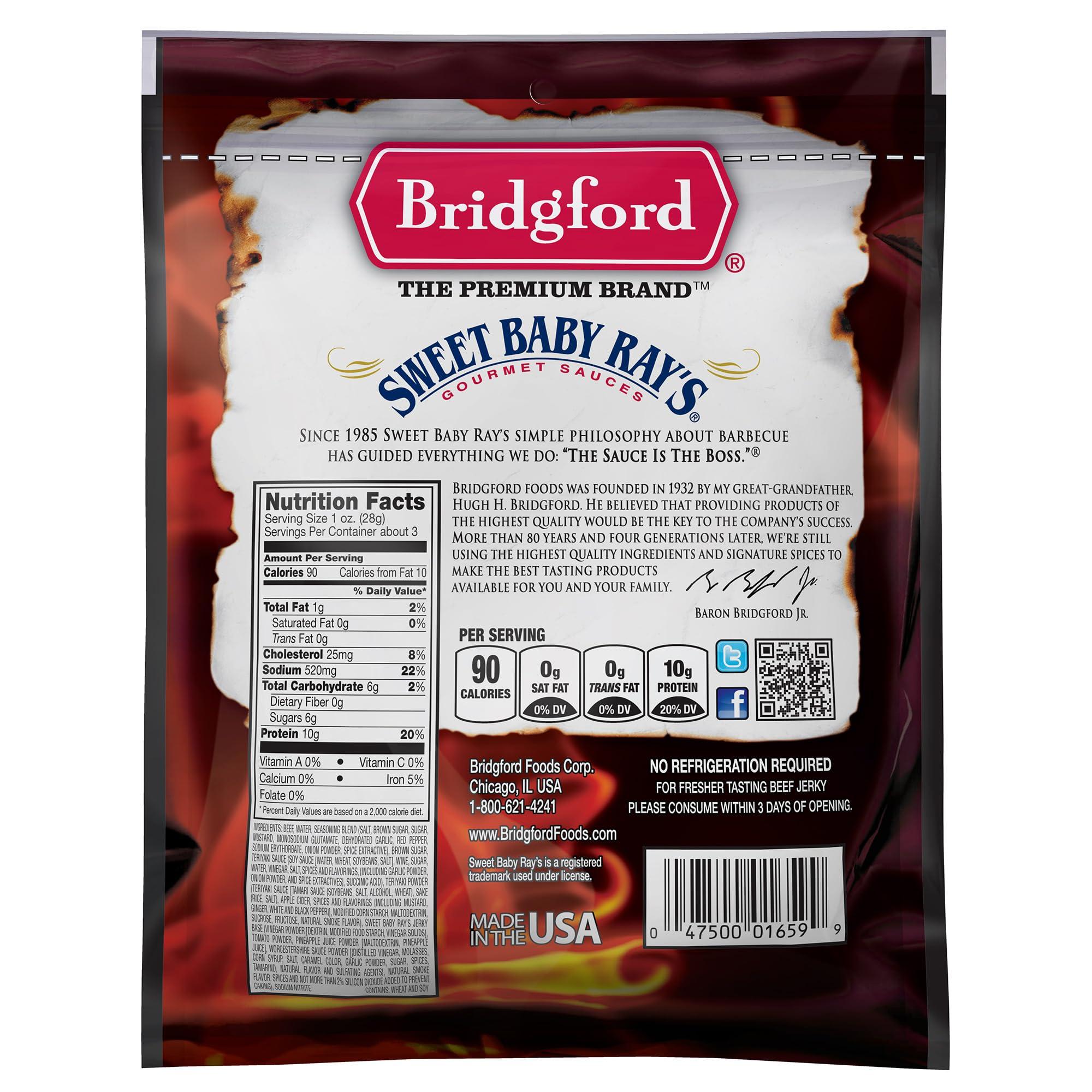 Bridgford Bridgford Sweet Baby Rays Beef Jerky Honey BBQ 3.25 oz Pack of 6 - High Protein Jerky for Midday Energy Boost or Post Workout Snack - Naturally Smoked Ready-to-Eat Meat Snacks for On the Go Snacking