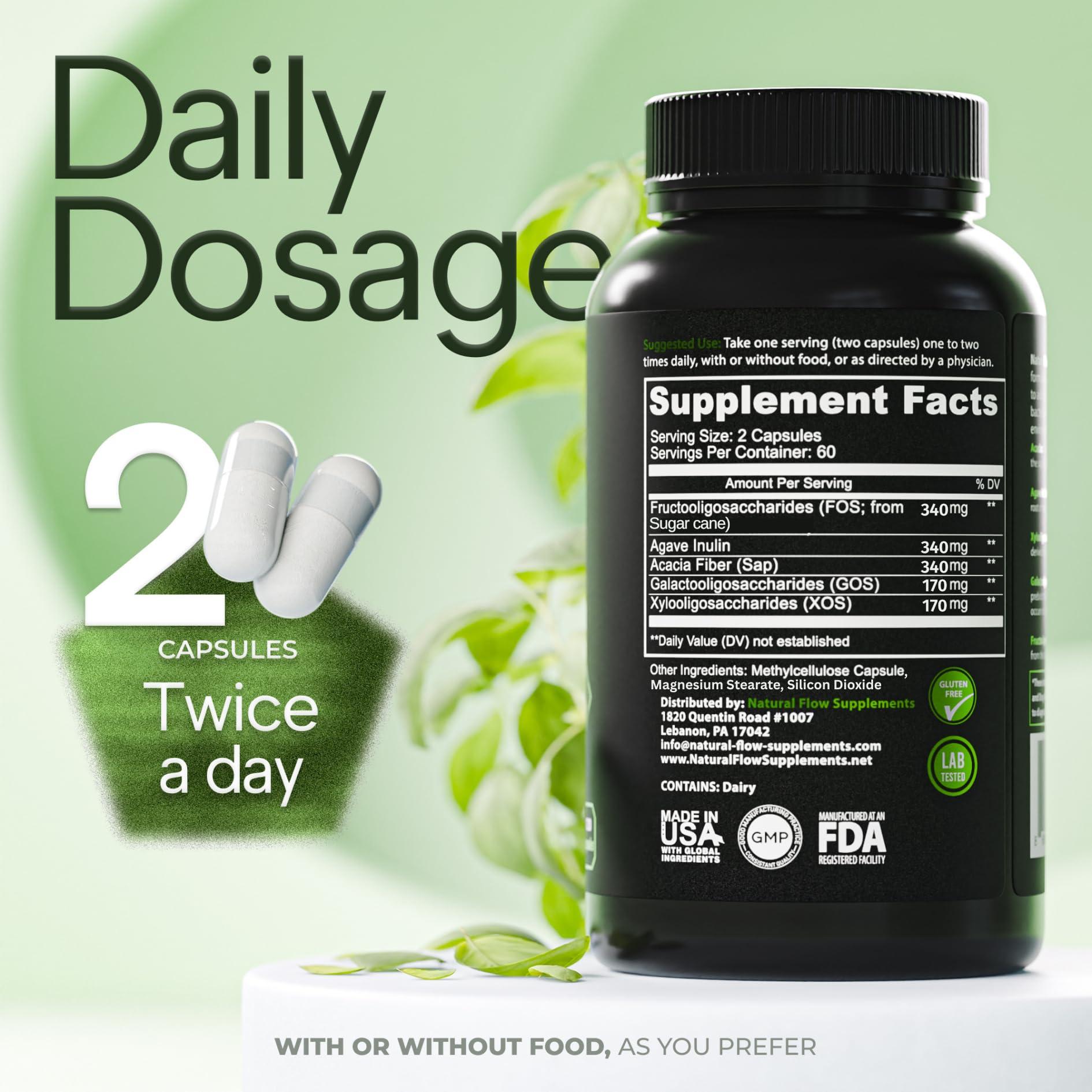 Natural Flow Supplements Prebiotic Fiber Supplement 5-in-1 Capsules - Natural Flow 5X Fiber XOS, GOS, FOS, Acacia and Agave Inulin, Daily Soluble Fiber Formula for Gut Support and Boost Good Bacteria Diversity, 120 Caps