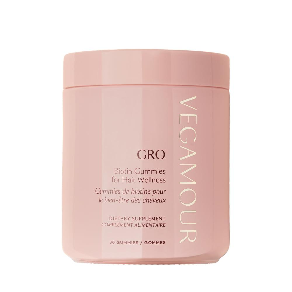 VEGAMOUR VEGAMOUR GRO Biotin Gummies, Strawberry Flavor with 5000 mcg Biotin, Supports Healthy Hair Vegan Gummies with Vitamins A, B, C, E, B-12 & More, 30 Ct