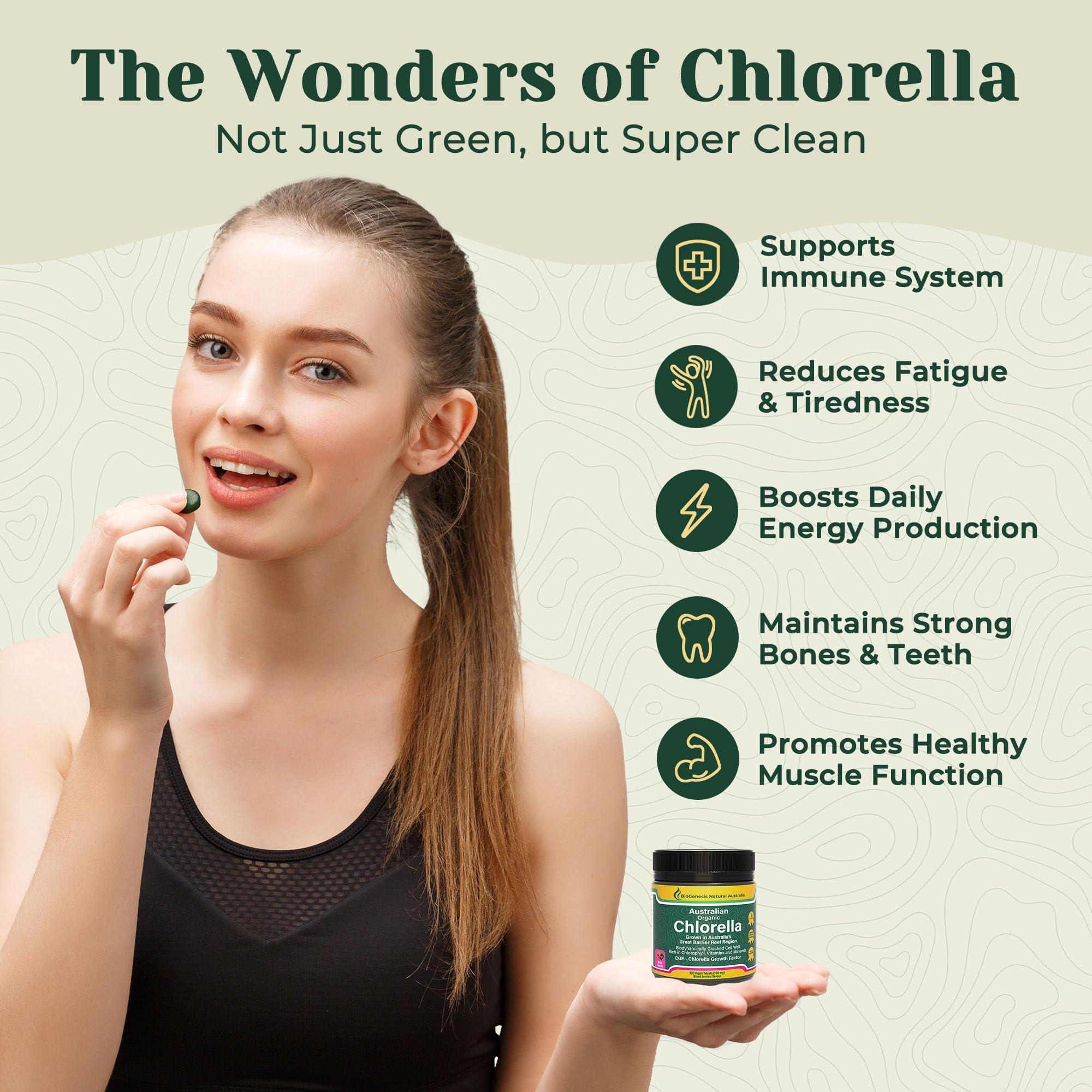 Biogenesis Organic Chlorella Tablets, Australian | Advanced BioDynamic Cracked Cell Wall | Chlorophyll-Rich, Vitamins, Minerals, Chlorella Growth Factor | Supports Good Health | Vegan Tablets (Mixed Berry, 300)