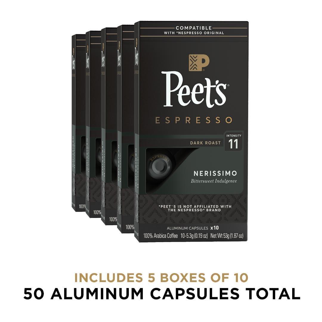 Peet's Coffee Peet\'s Coffee, Dark Roast Espresso Capsules, Compatible with Nespresso Original Machine - Nerissimo Intensity 11, 50 Count (5 Boxes of 10 Espresso Capsules)