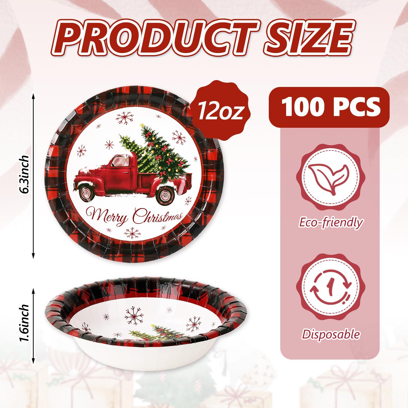 Whaline Whaline 100Pcs Christmas Paper Bowls Red Black Plaid Xmas Tree Truck Disposable Serving Bowls Winter Christmas Ice Cream Bowl for Hot Cold Food Party Supplies