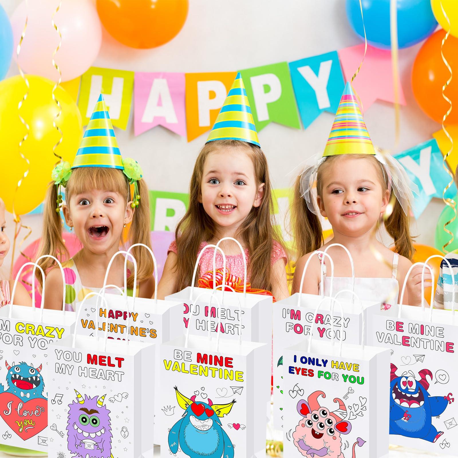 Resurhang Resurhang 100 Pcs Valentines Day Paper Gift Bags with Handle DIY Color Your Own Valentine Bags with Watercolor Pens Valentines Day Goodie Bags for Kids Party Favors Classroom Exchange Gift