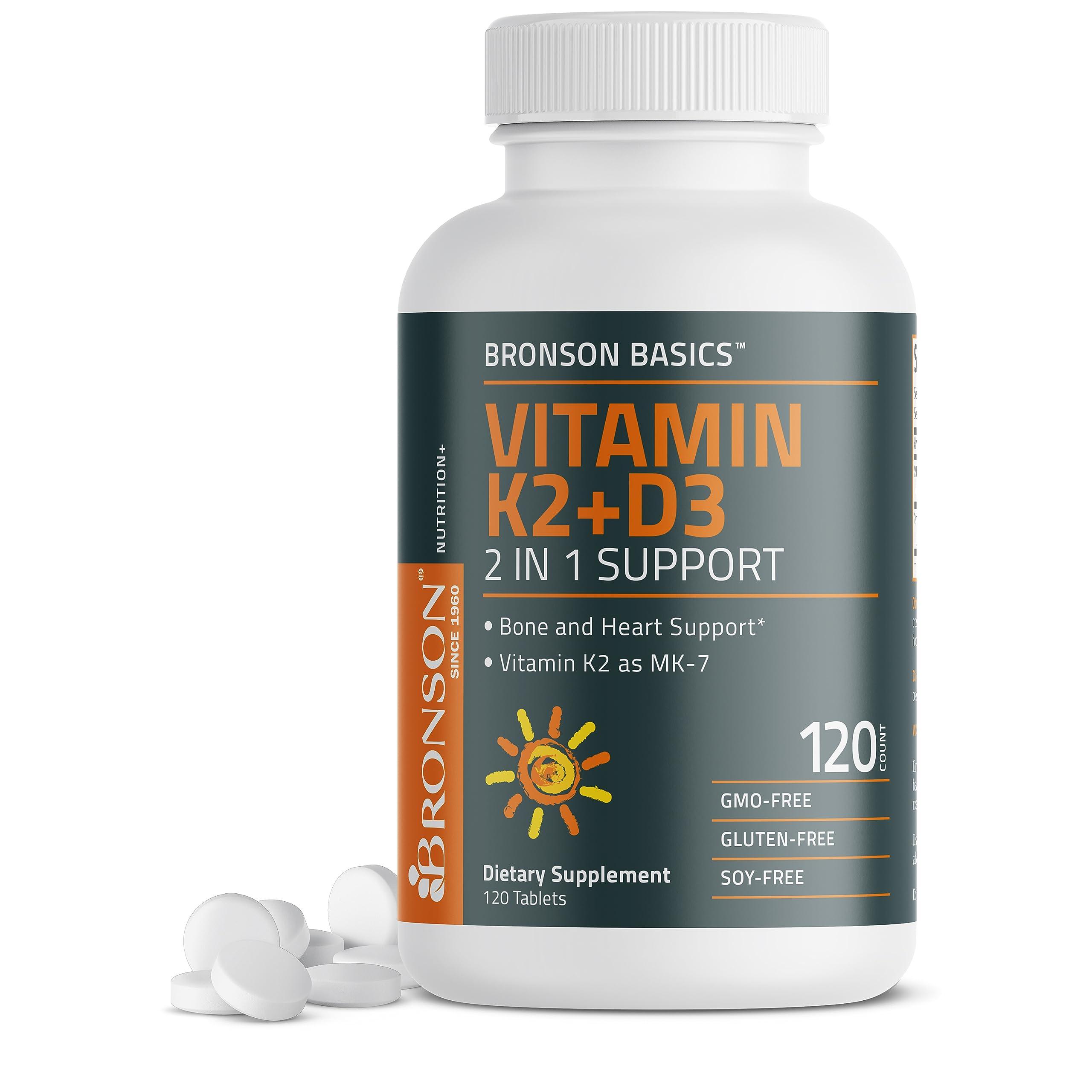 Bronson Bronson Basics Vitamin K2 D3 (MK7) Supplement Non-GMO Formula 5000IU (125 mcg) Vitamin D3 & 90 mcg Vitamin K2 MK-7 Easy to Swallow Vitamin D & K Complex, 120 Tablets