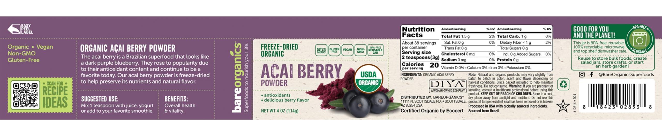 BareOrganics BareOrganics Acai Berry Powder, Superfood Powder, Organic Dietary Supplement, 4 Ounces