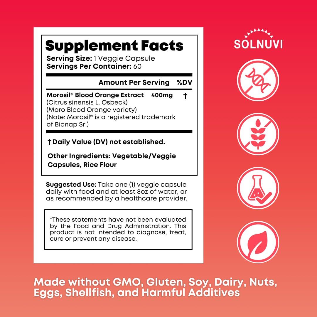 SOLNUVI Morosil Clinically Tested C3G Supplement - Metabolism, Antioxidant, Wellness Support for Men & Women - 400mg Moro Red Orange Extract - 60 Veggie Capsules - Non-GMO, Gluten-Free, Vegan-Friendly
