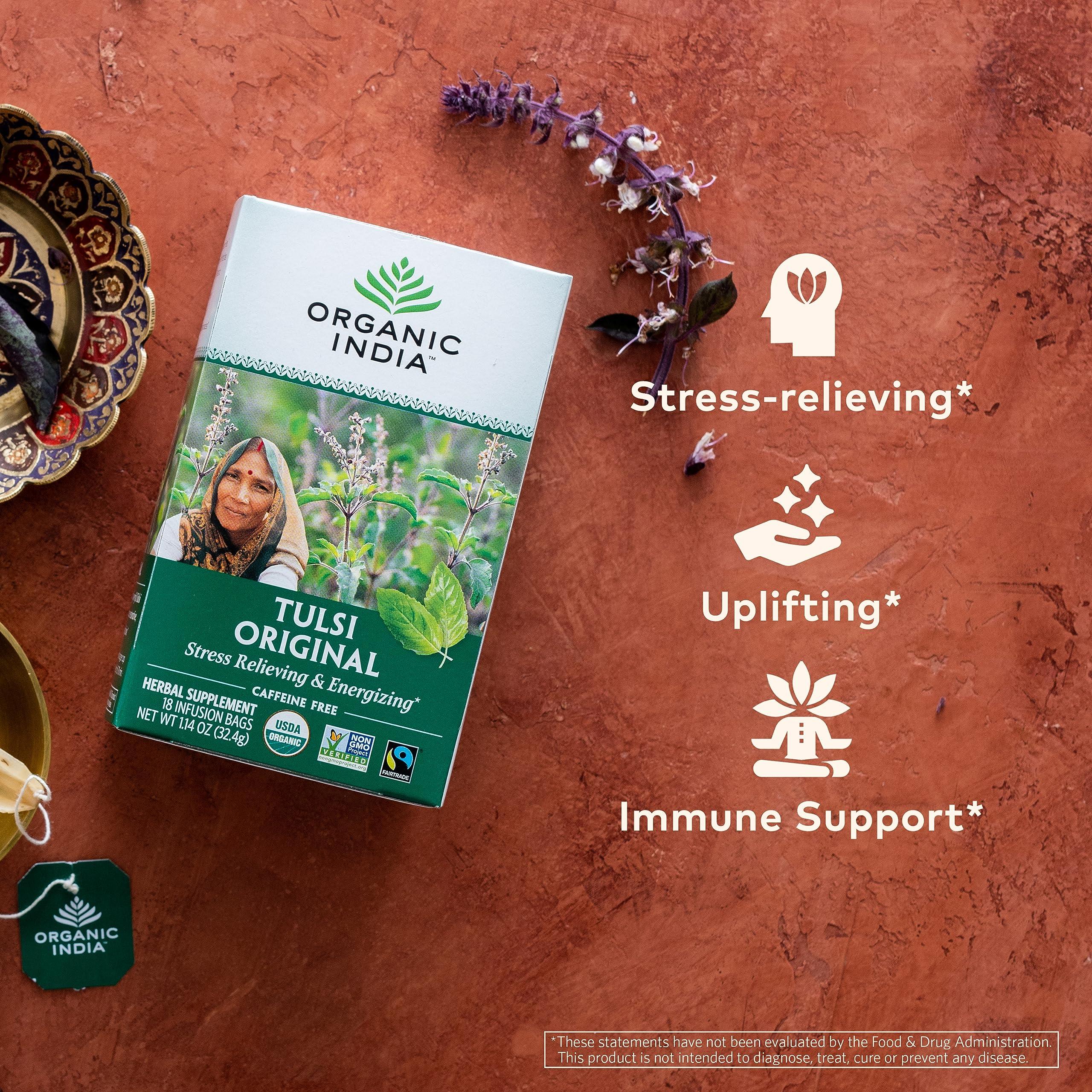 ORGANIC INDIA ORGANIC INDIA Original Tulsi Tea - Herbal Tea, Holy Basil and African Basil Calming and Stress Relief Tea, Immune Support, USDA Certified Organic, Non-GMO, Caffeine-Free - 18 Infusion Bags, 2 Pack