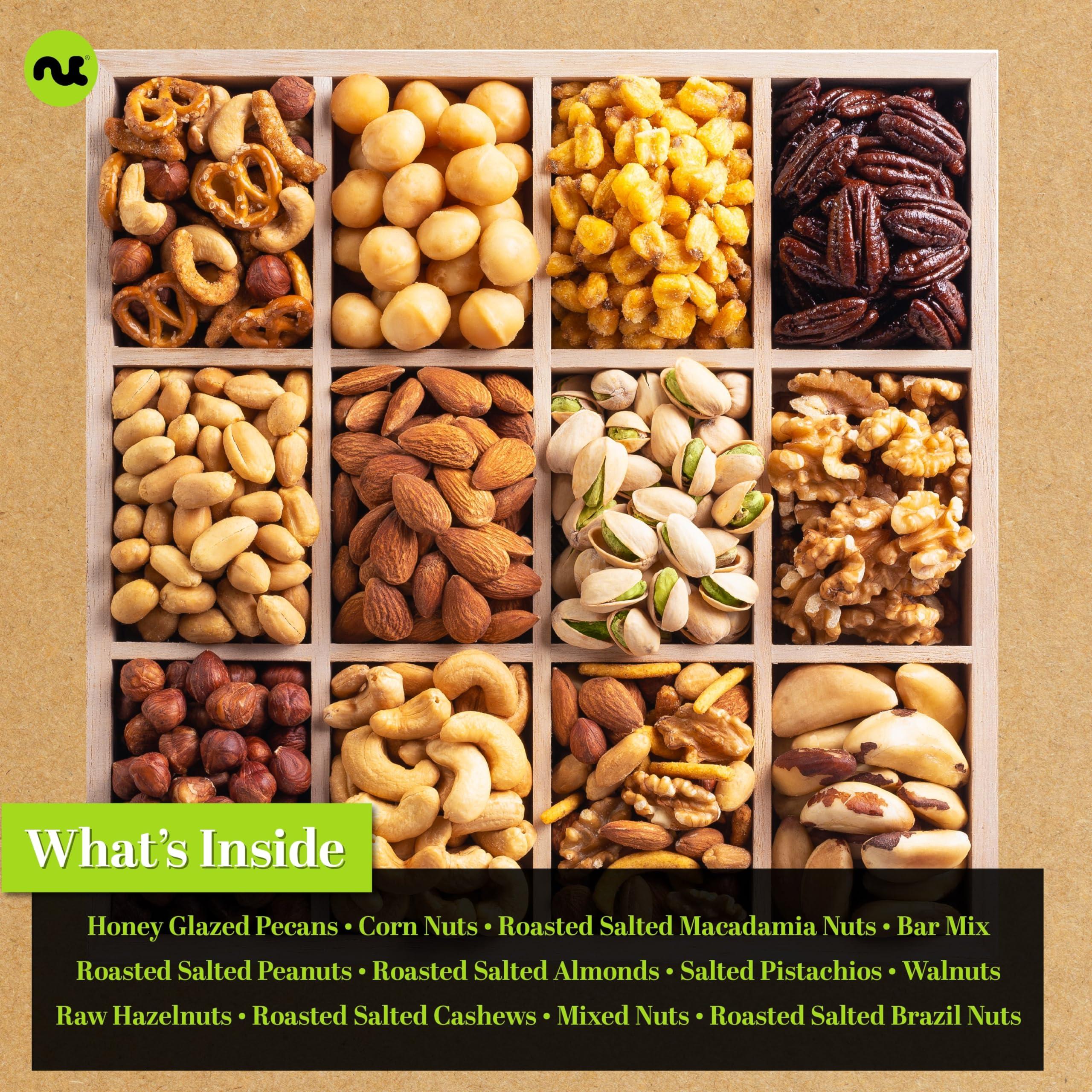 Nut Cravings NUT CRAVINGS Gourmet Collection - Happy Birthday Nuts Gift Basket with HB Ribbon in Reusable Wooden Tray (12 Assortments) Food Platter, Bday Care Package Variety, Healthy Kosher