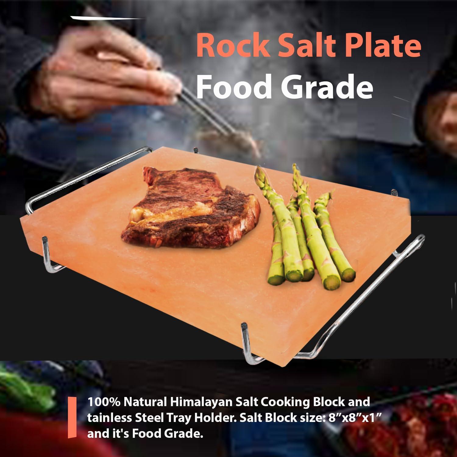 ZKTRADING ZK Himalayan Salt Block with Steel Tray for Grilling- Cooking, Cutting, and Serving, 12x8x1.5, Food Grade Rock Salt Plate, Salt Slab a Unique Gift for Men, Women, Chefs & Cooks