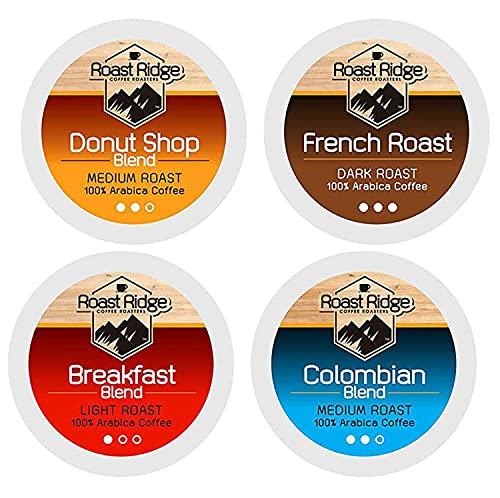 Roast Ridge Roast Ridge Single Serve Coffee Pods for Keurig K-Cup Brewers, Variety Pack, Light Roast, Medium Roast, Dark Roast, 100 Count (25 each: Breakfast Blend, Donut Shop, French Roast, Colombian)