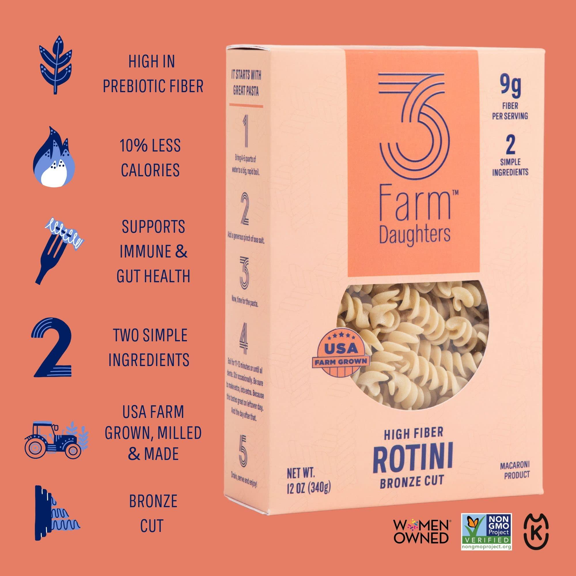 Three Farm Daughters 3 Farm Daughters High Fiber Pasta Variety Pack, Includes Penne, Elbow, Rotini & Cavatappi, Low GI, Non GMO, Low Net Carb, Made in the USA, 12 oz. (4 Pack)