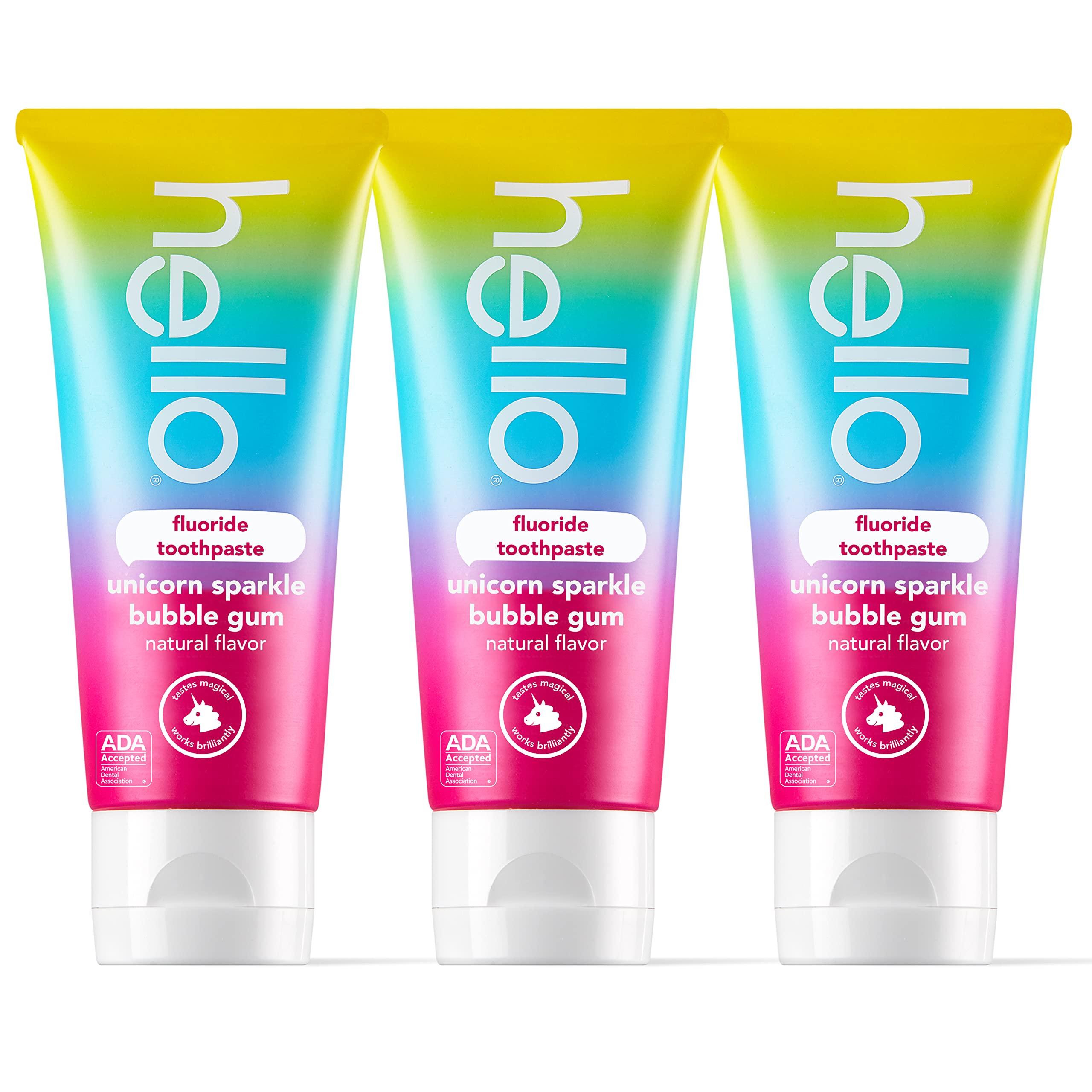 hello hello Unicorn Sparkle Kids Fluoride Toothpaste, Natural Bubble Gum Flavor, ADA Approved & Naturally Whitening Fluoride Toothpaste, Natural Peppermint Flavor and Tea Tree Oil