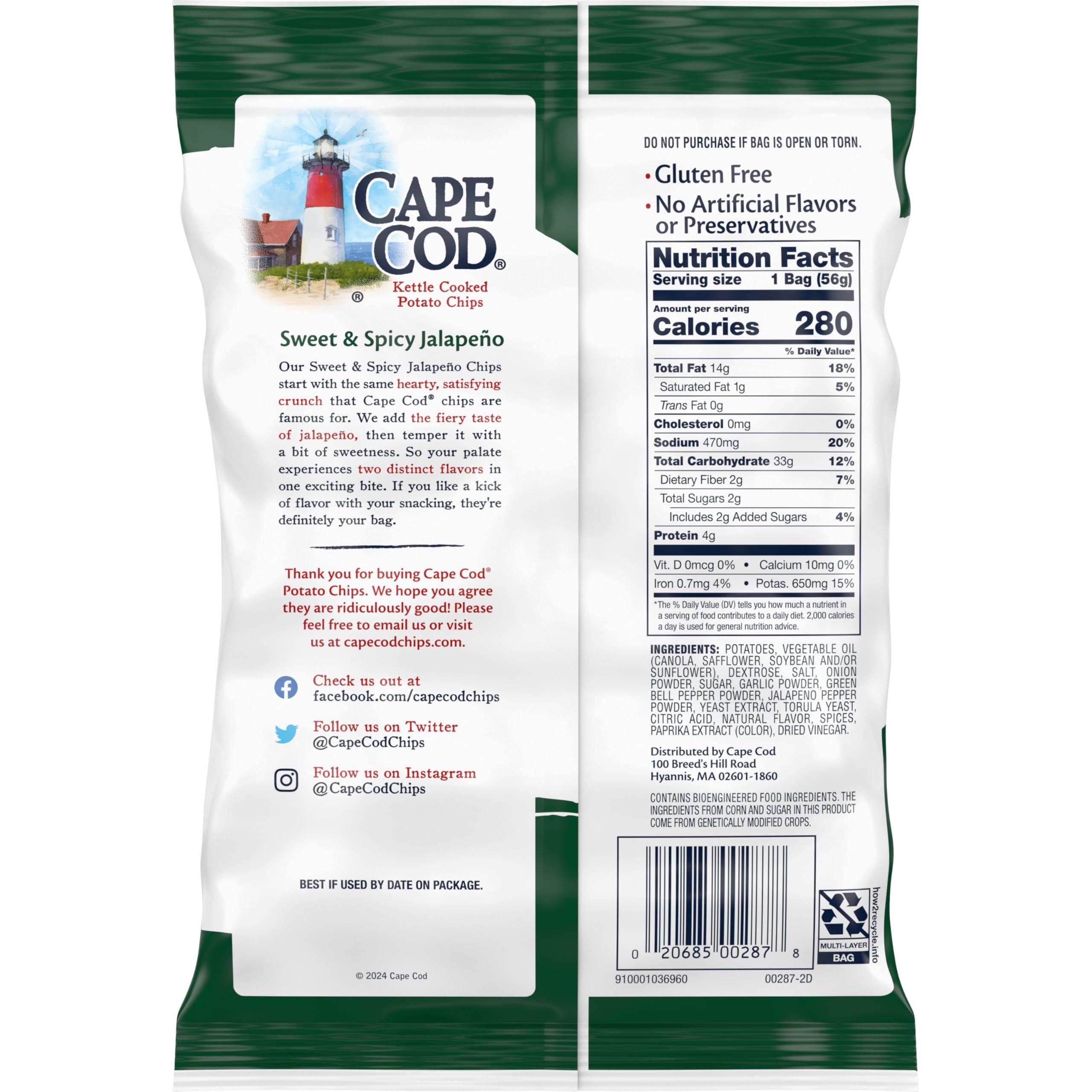 Cape Cod Cape Cod Potato Chips, Sweet and Spicy Jalapeno Kettle Chips, 2 Oz (Pack of 6)