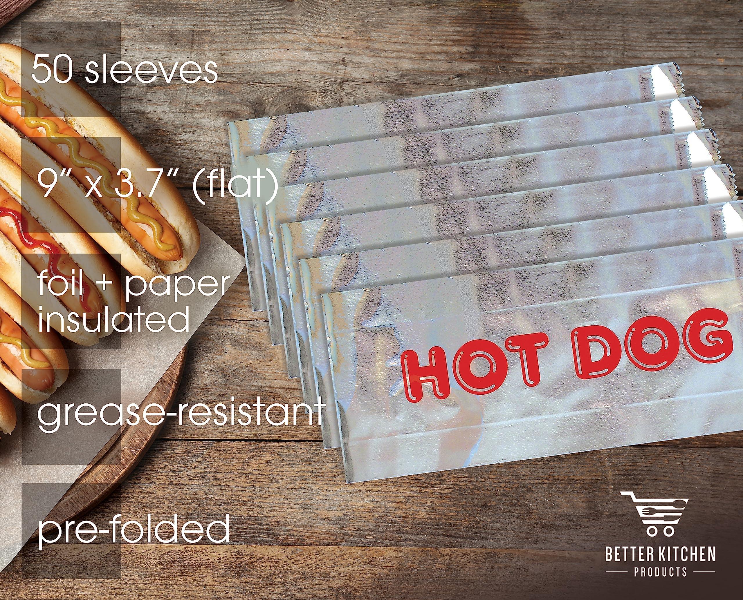 Better Kitchen Products Better Kitchen Products Foil Hot Dog Wrappers, 9\" x 3.7\", Insulated Grease Resistant Hot Bag Sleeves, Disposable Foil Paper Hot Dog Bags (50 Pack)