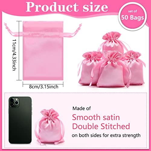 Shappy 50 Pieces 3 x 4 Satin Bags with Drawstring Gift Pouch Mini Jewelry Bags Small Wedding Favor Bags Smooth Soft Satin Fabric Candy Pouches for Baby Shower Decoration (Pink)