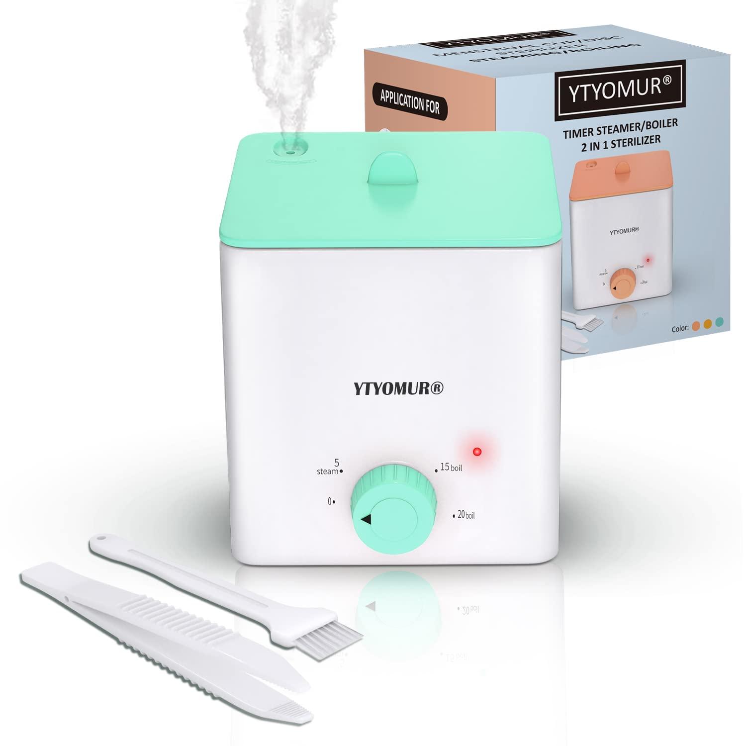 YTYOMUR Upgraded Menstrual Cups Sterilizer Menstrual Disc Steamer, 2 in 1 Boiling & Steaming Modes, One-Click Knob Timer Auto Off, with 1 Cleaning Brush & 1 Heat Resistant Clip(Green)