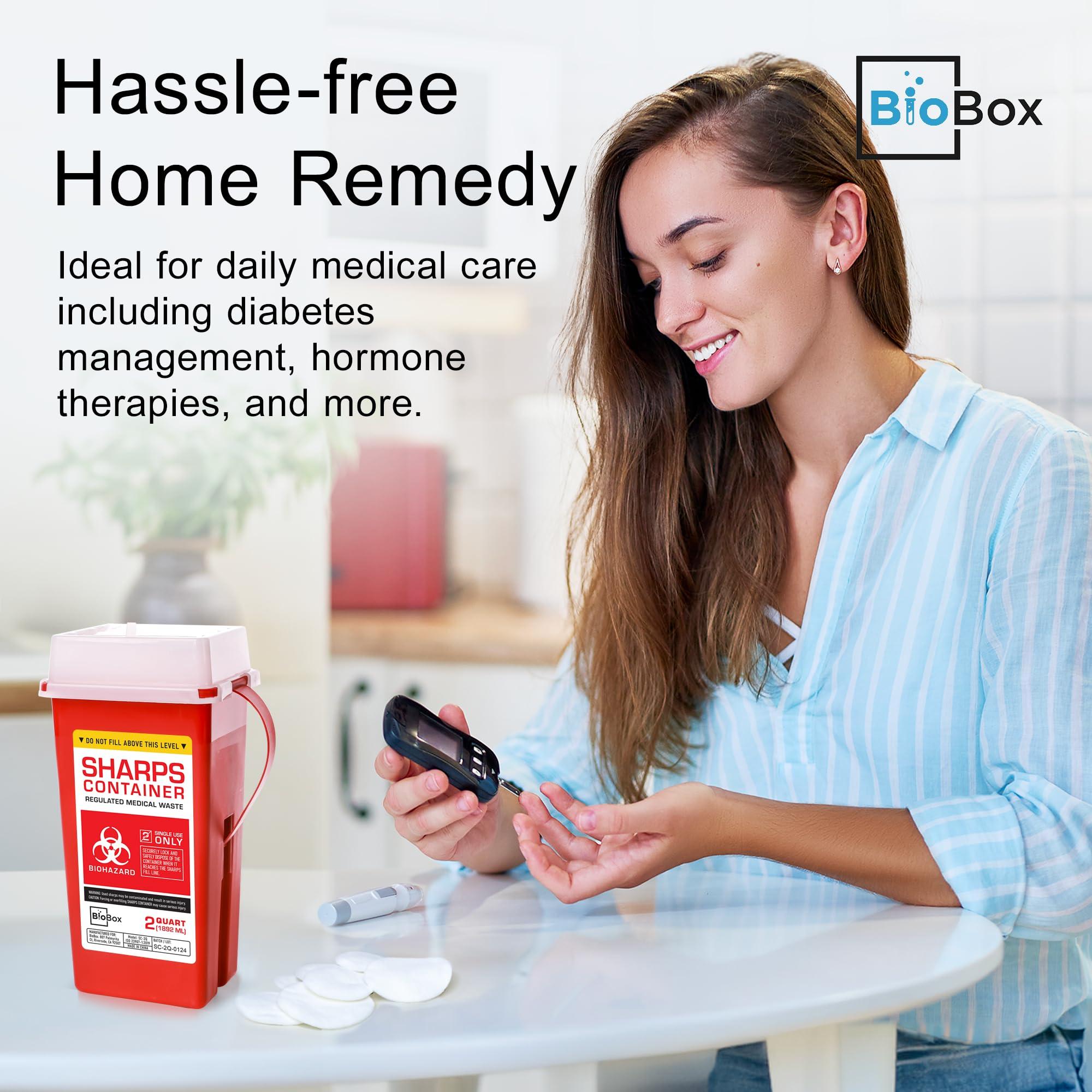 BioBox Sharps Container Small - Sharps Containers for Home Use and Labs - Portable Needle Disposal and Travel Size Biohazard Bin - 2 Quart (Pack of 1)