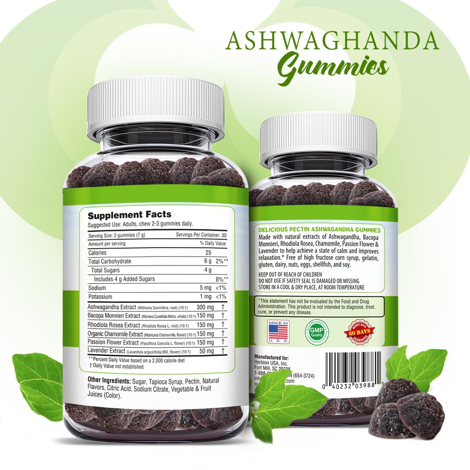 Herbion Naturals Herbion Naturals Ashwagandha Gummies with Herbal Blend, Helps De-Stress & Promote Calm*, Natural BlackBerry Flavor, Gluten-Free, 60 Pectin Gummies, Vegan, Made in USA, Pack of 4