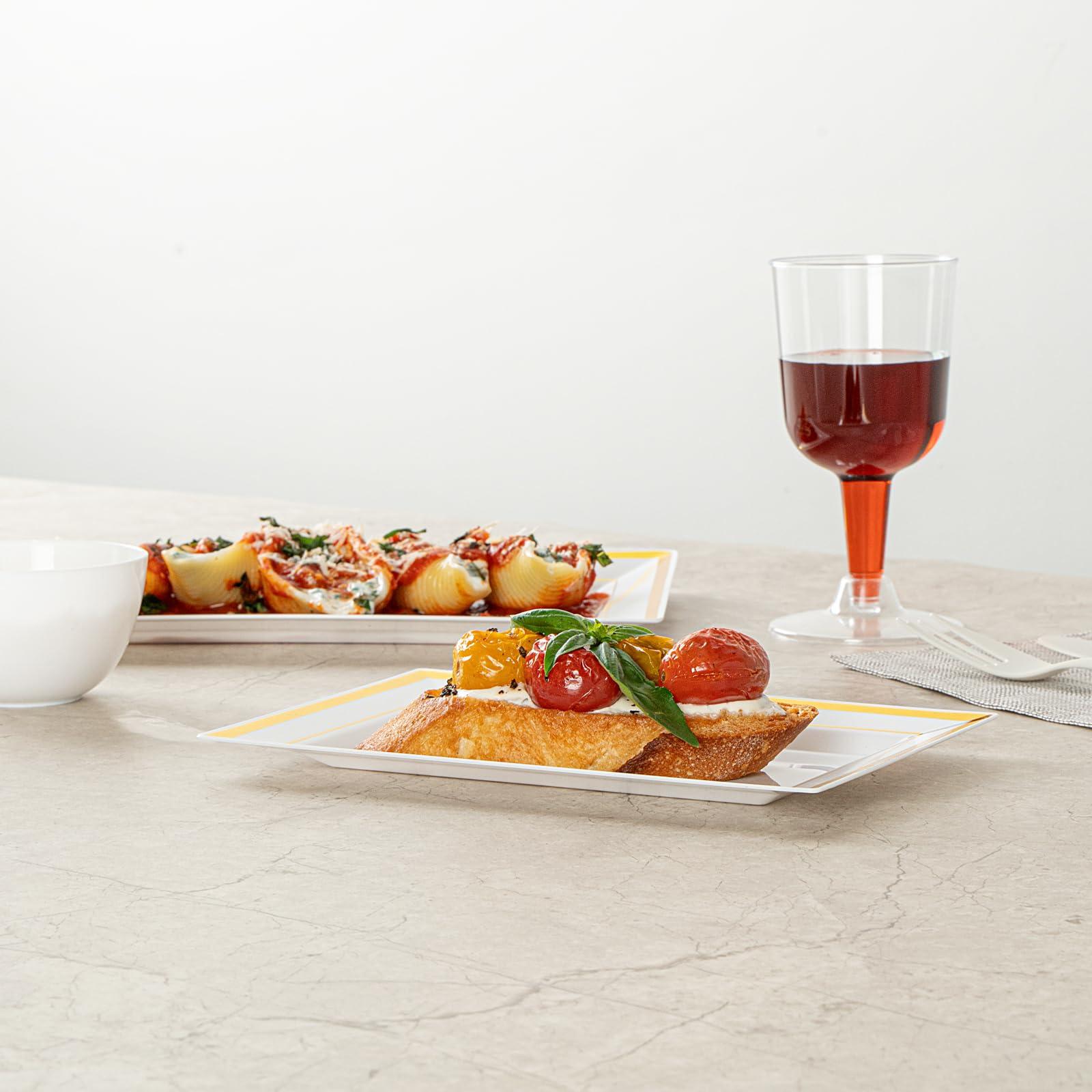 Restaurantware Restaurantware Moderna 7.5 x 5.3 Inch Premium Disposable Plates 10 Rectangular Plastic Plates For Parties - Gold-Rimmed Durable White Plastic Dinner Plates For Warm And Cold Foods