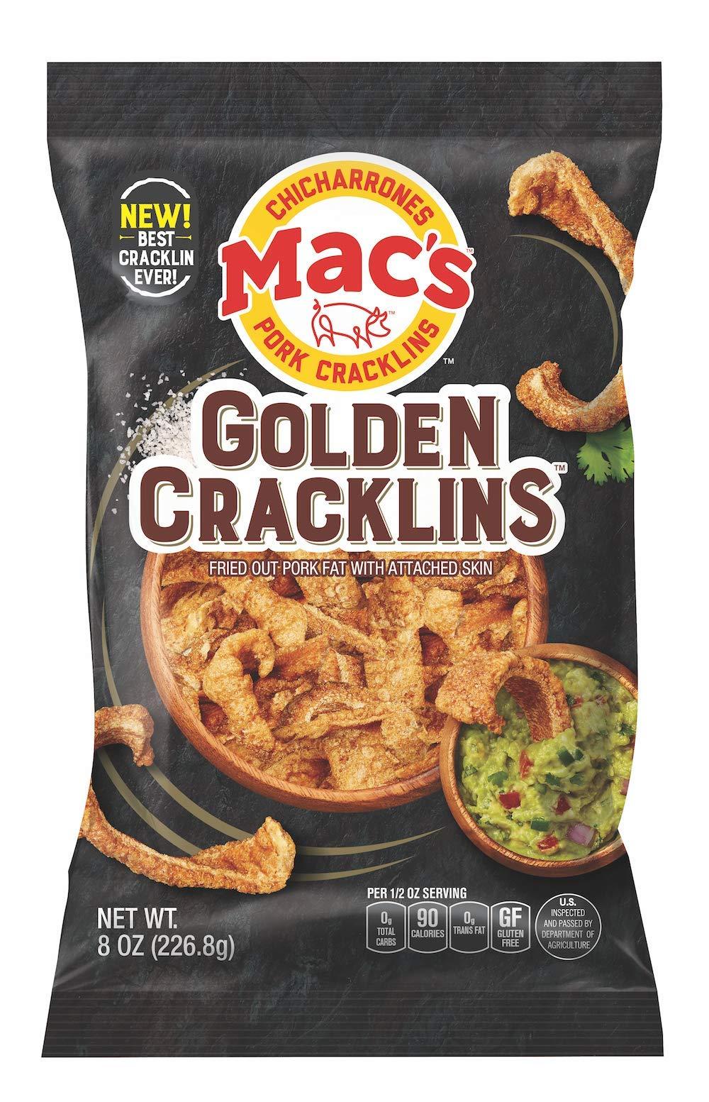 Mac's Mac’s Golden Cracklin - Crunchy Low Carb Snack, Cracklin’ / Crackling Curls (8oz, 8-Pack)