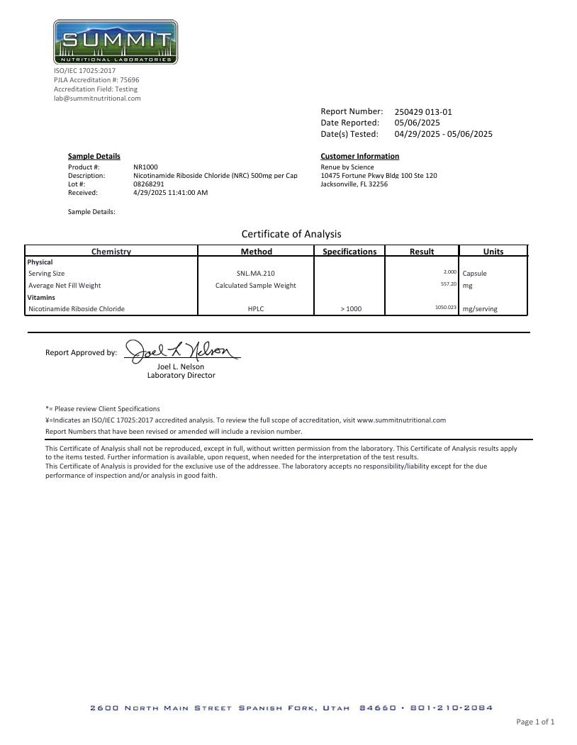 Renue By Science RENUE by Science Nicotinamide Riboside | High Strength NAD Supplement | 60 Nicotinamide Enteric-Coated Capsules - 1000mg Nicotinamide Riboside per Serving | Manufactured in The USA Third-Party Tested