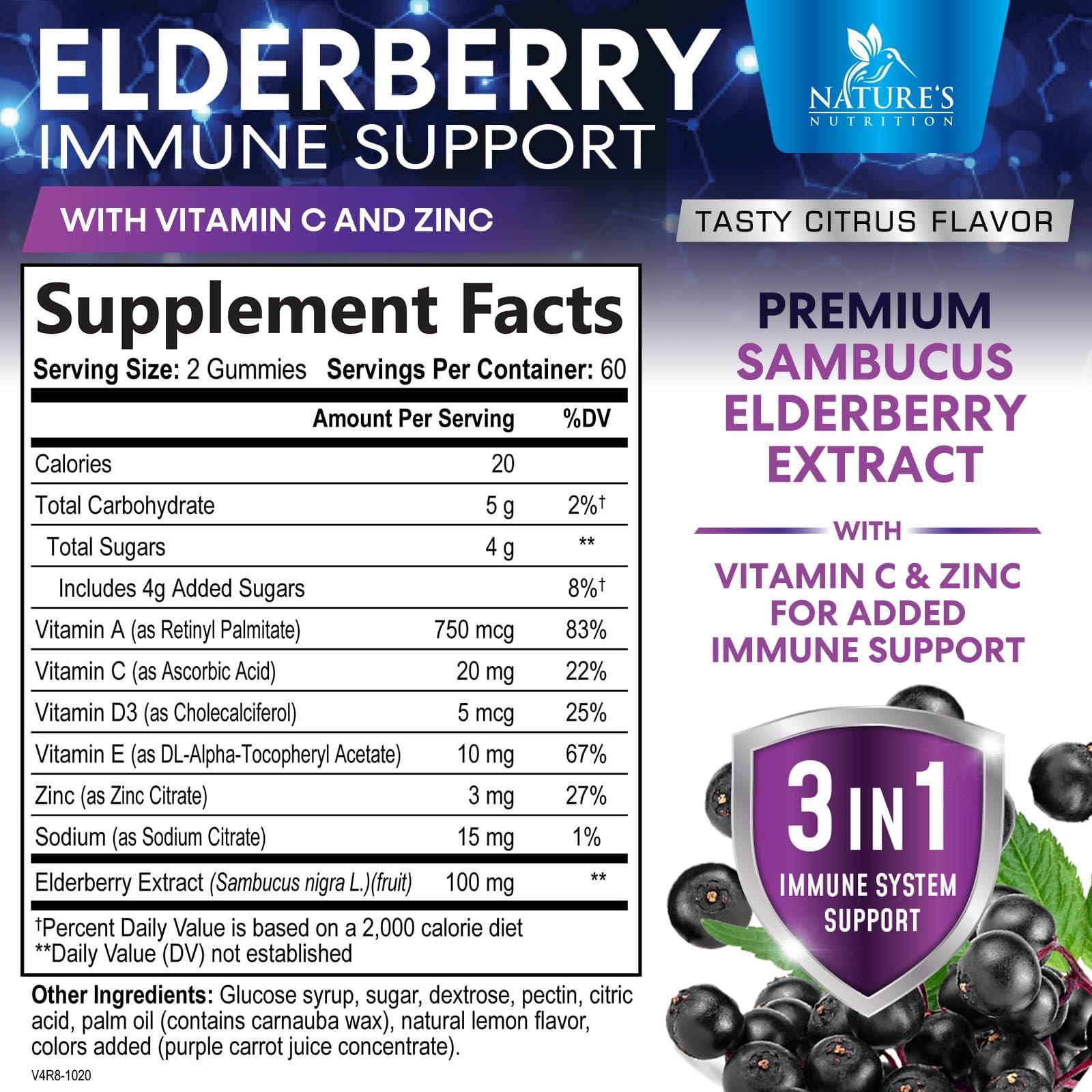 Nature's Nutrition Sambucus Elderberry Immune Gummies, Daily Elderberry Immune Support Vitamins with Vitamin C, Vitamin D3, Zinc, Immune Support Gummy Vitamin Supplement, Black Elderberry for Adults & Kid - 120 Gummies