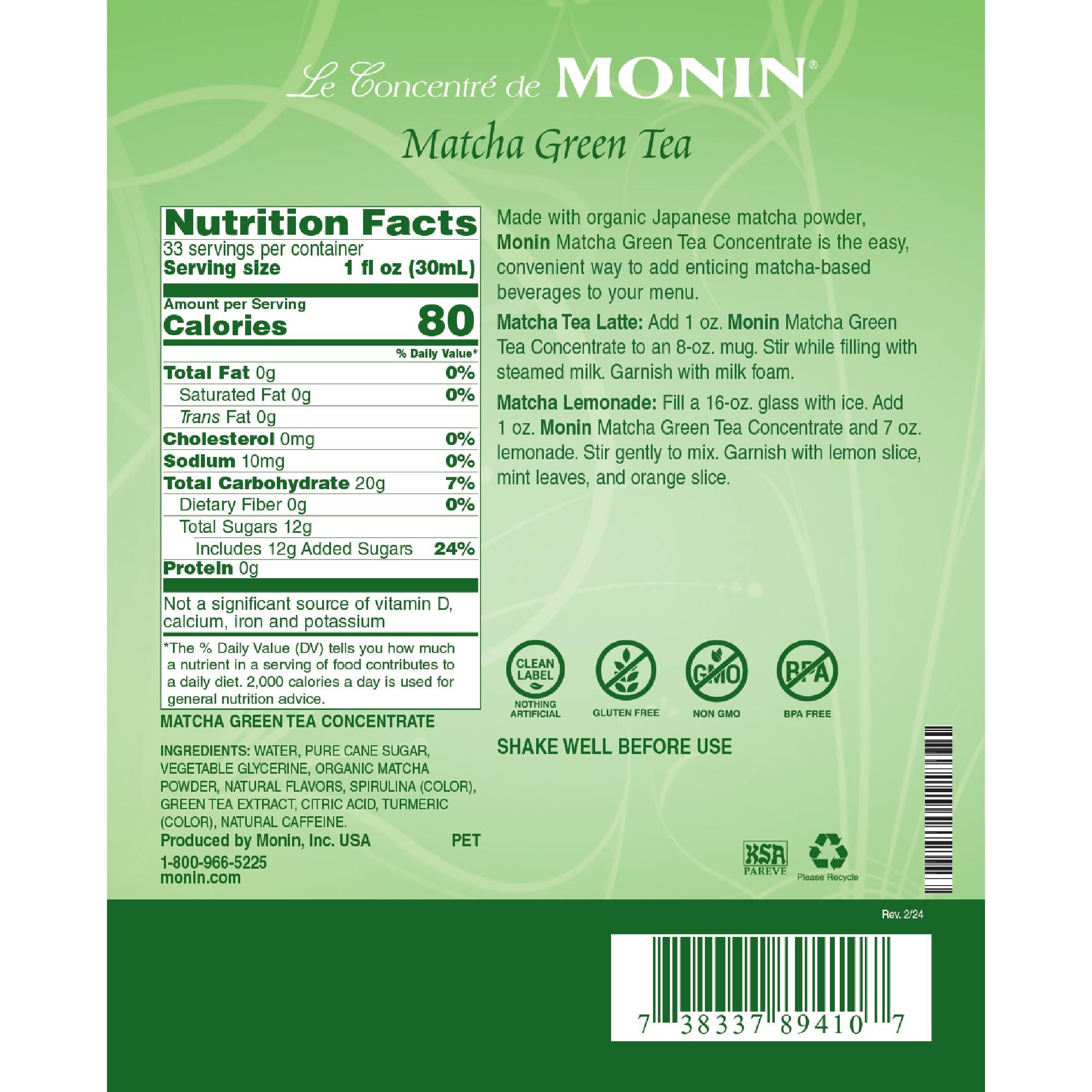 Monin Monin - Matcha Green Tea Concentrate, Made with Organic Japanese Matcha Powder, 40mg Caffeine Per Serving, Great for Matcha Lattes, Lemonades, & Desserts, Non-GMO, Gluten-Free (Plastic, 1 Liter)