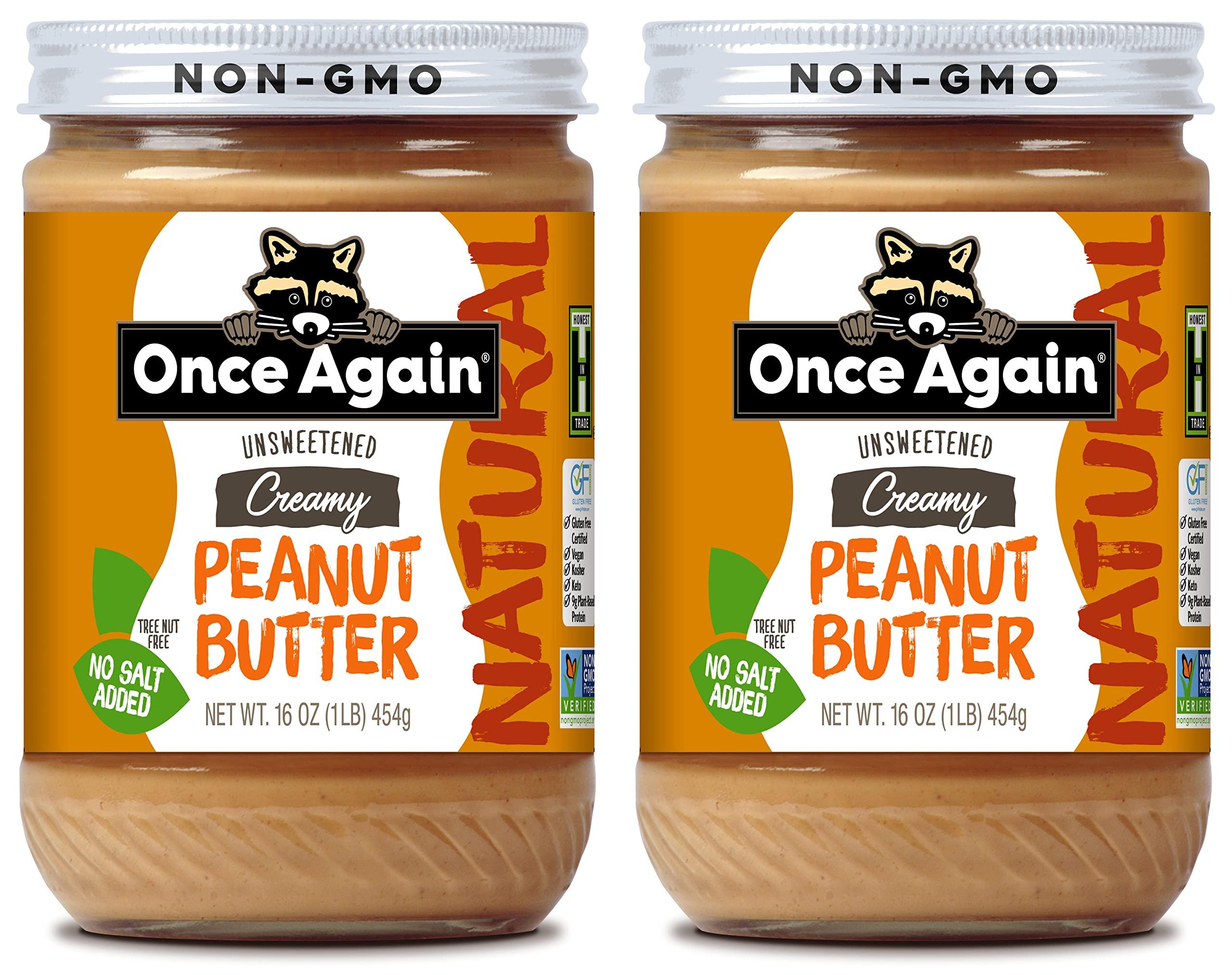 Once Again Once Again Natural, Creamy Peanut Butter, 16oz - Salt Free, Unsweetened - Gluten Free Certified, Vegan, Kosher, Non-GMO Verified - Glass Jar (2 Pack)