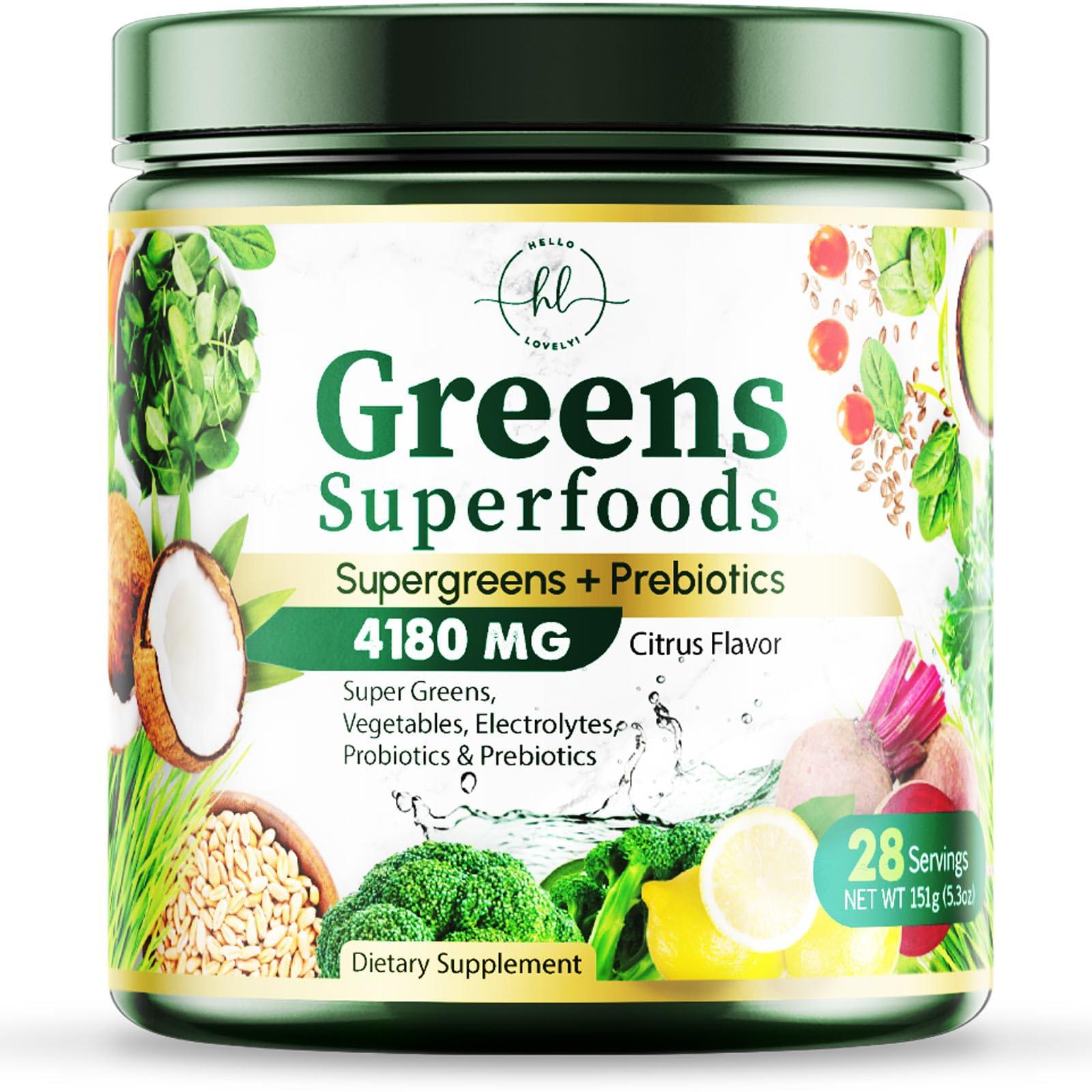 Hello Lovely! Green Powder Superfood, Organic Super Greens Powder Juice & Smoothie Drink Mix, Gut Health & Bloating Support, Probiotics, Spirulina, Chlorella & Beet Root for Digestive & Energy Support - 28 Servings