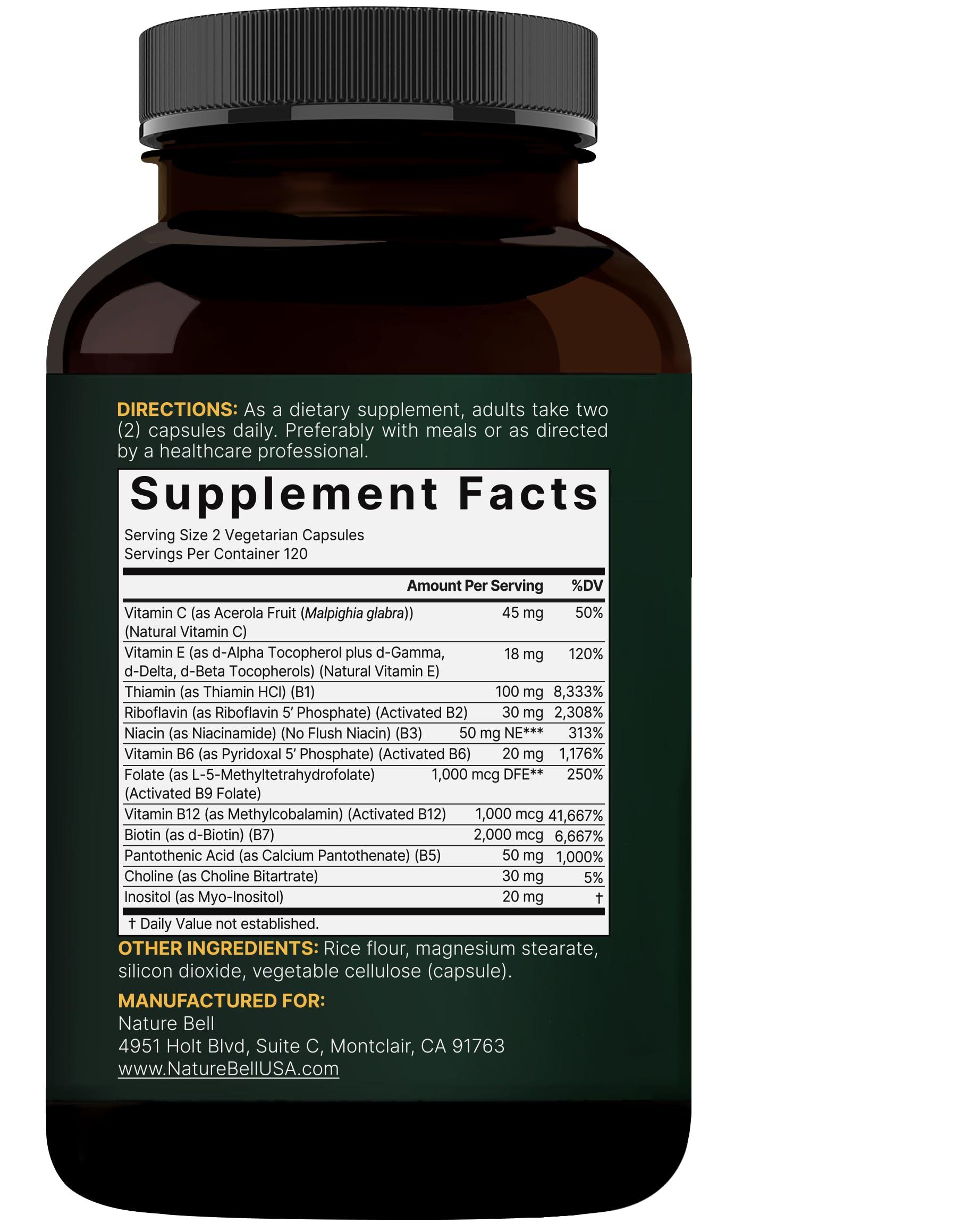 NatureBell Methylated B Complex Vitamins, 240 Veggie Capsules | Multivitamin B Complex | B12, Folate, Biotin & More  with Natural Vitamin C, E, Choline & Inositol  Immune, Energy, & Prenatal Support