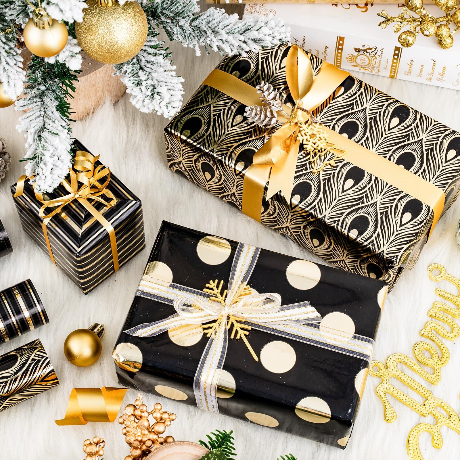 LeZakaa LeZakaa Black Gold Wrapping Paper - Mini Roll - Peacock Feathers/Stripe/Dot Design for Birthday, Wedding, Bridal Shower - 17 x 120 inches - 3 Rolls (42.5 sq.ft.ttl.)