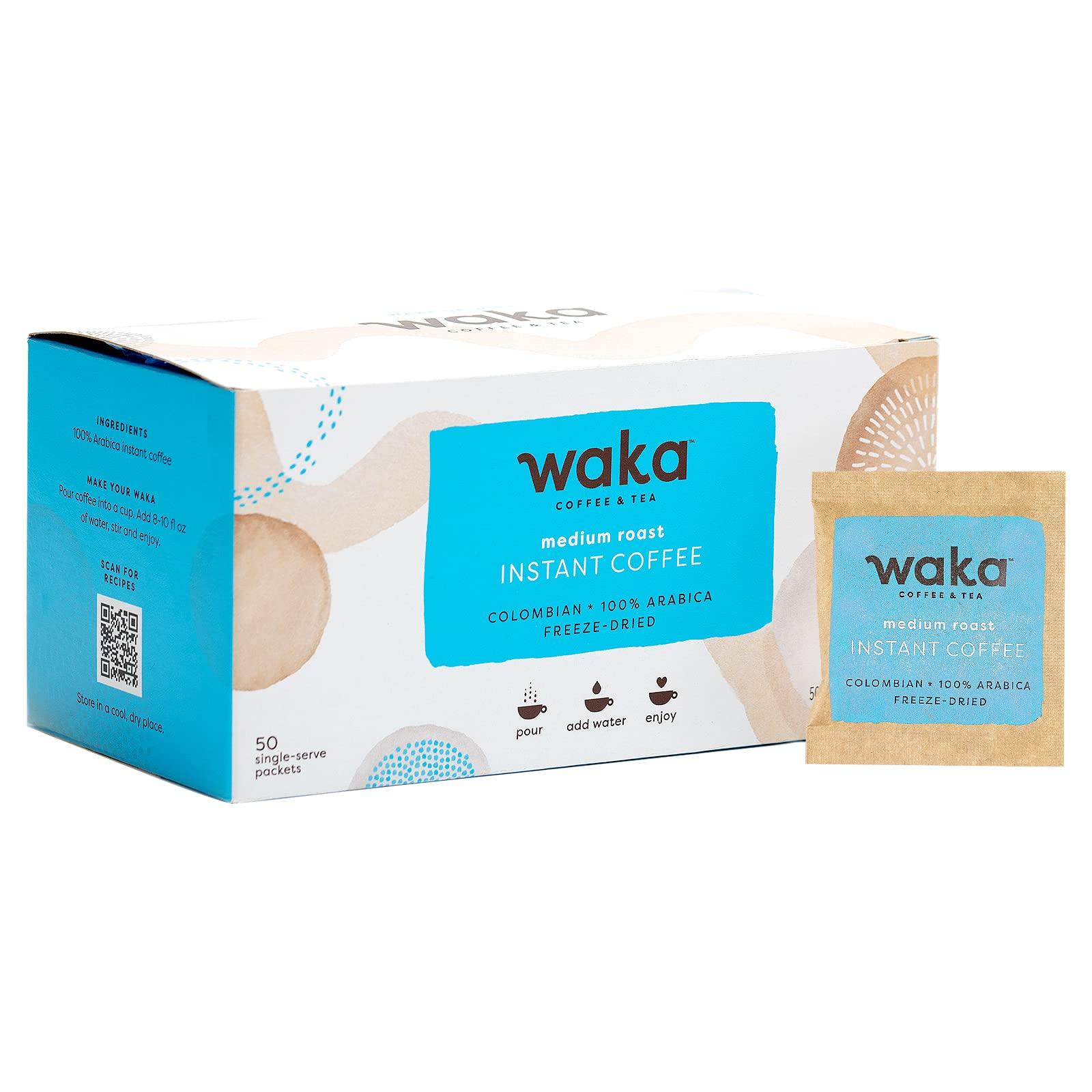 Waka Coffee Waka Premium Instant Medium Roast Coffee (50 Single Serve Packets) & No Sugar Added Green Tea Powder (200 Cups)