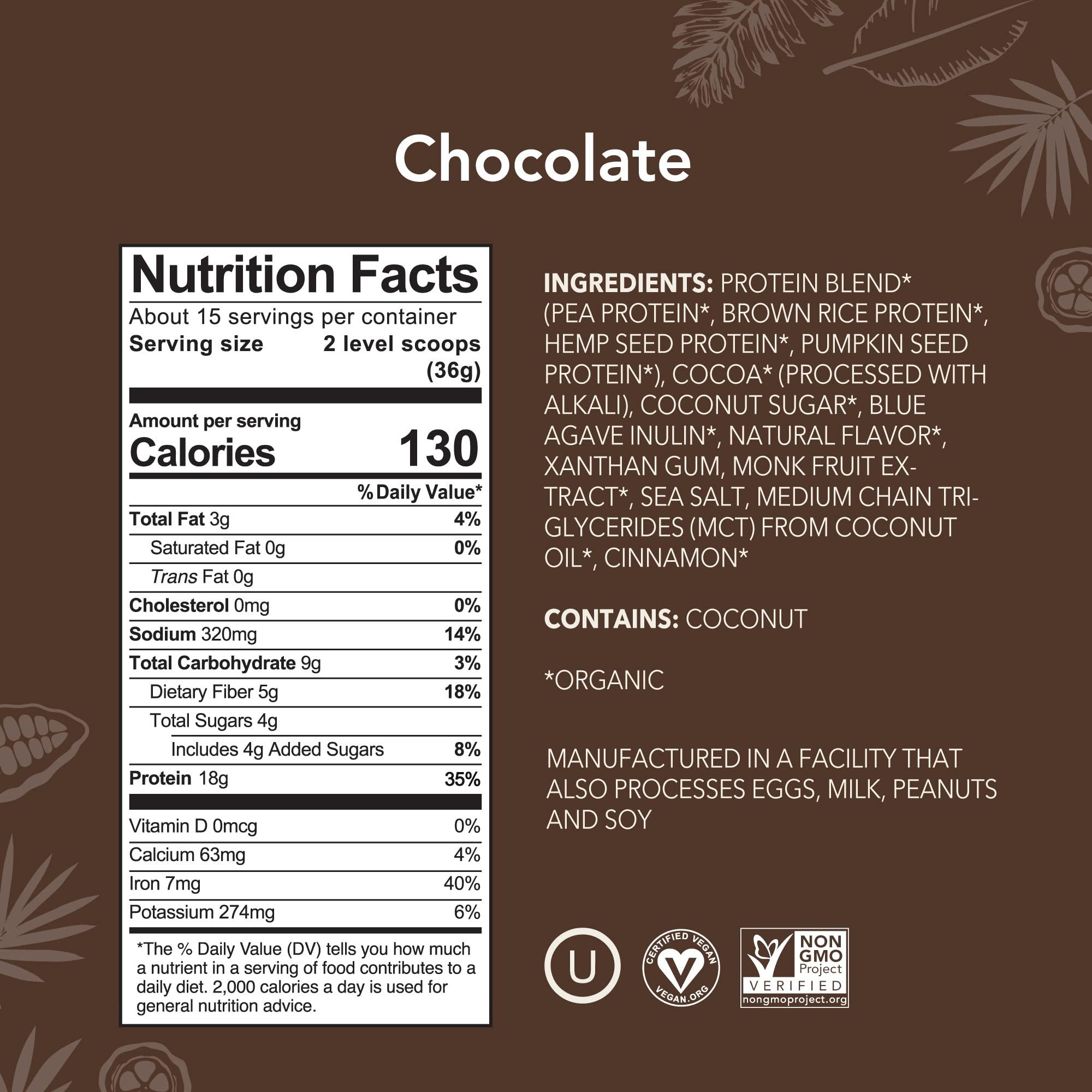 ALOHA ALOHA Organic Plant Based Protein Powder, Stevia Free, Chocolate, 19.6 oz, 15 Servings