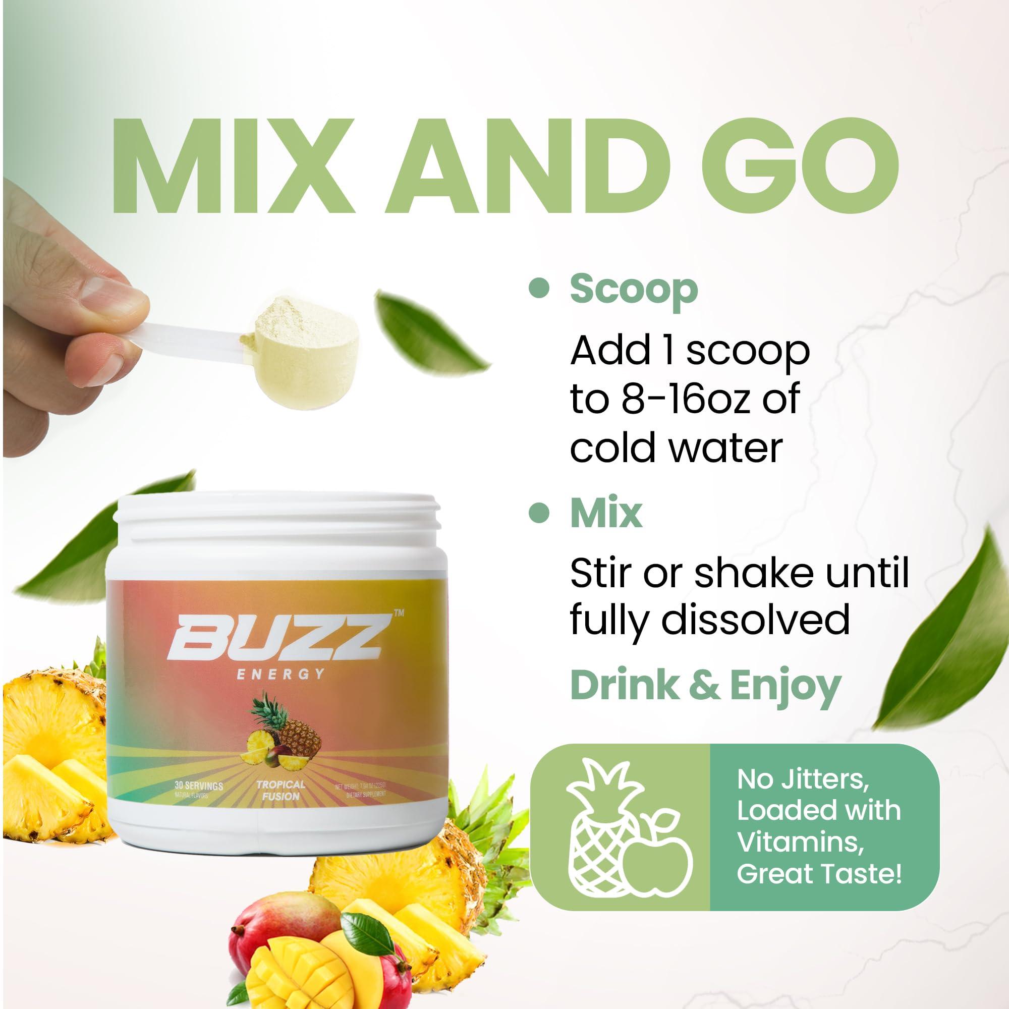 Morning Buzz Energy Drink Powder - Energy Boost Drink Mix - Sugar-Free Energy with Antioxidants - Morning Kickstart and Sports Nutrition Endurance Product - 30 Servings, 8 Ounces (Tropical Fusion)