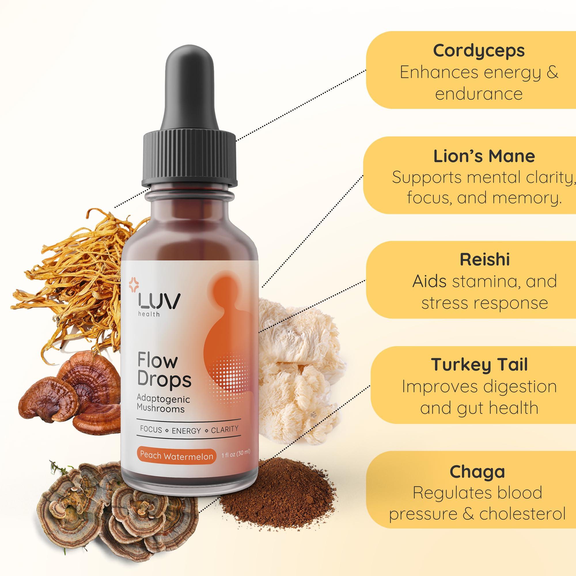 LUV health LUV Flow Drops: Adaptogen Mushroom Blend for Mental Clarity & Energy, Vegan Keto, Focus & Immunity Support, Lion\'s Mane, Cordyceps, Reishi, USA Made, Non-GMO, 30 Servings (1)