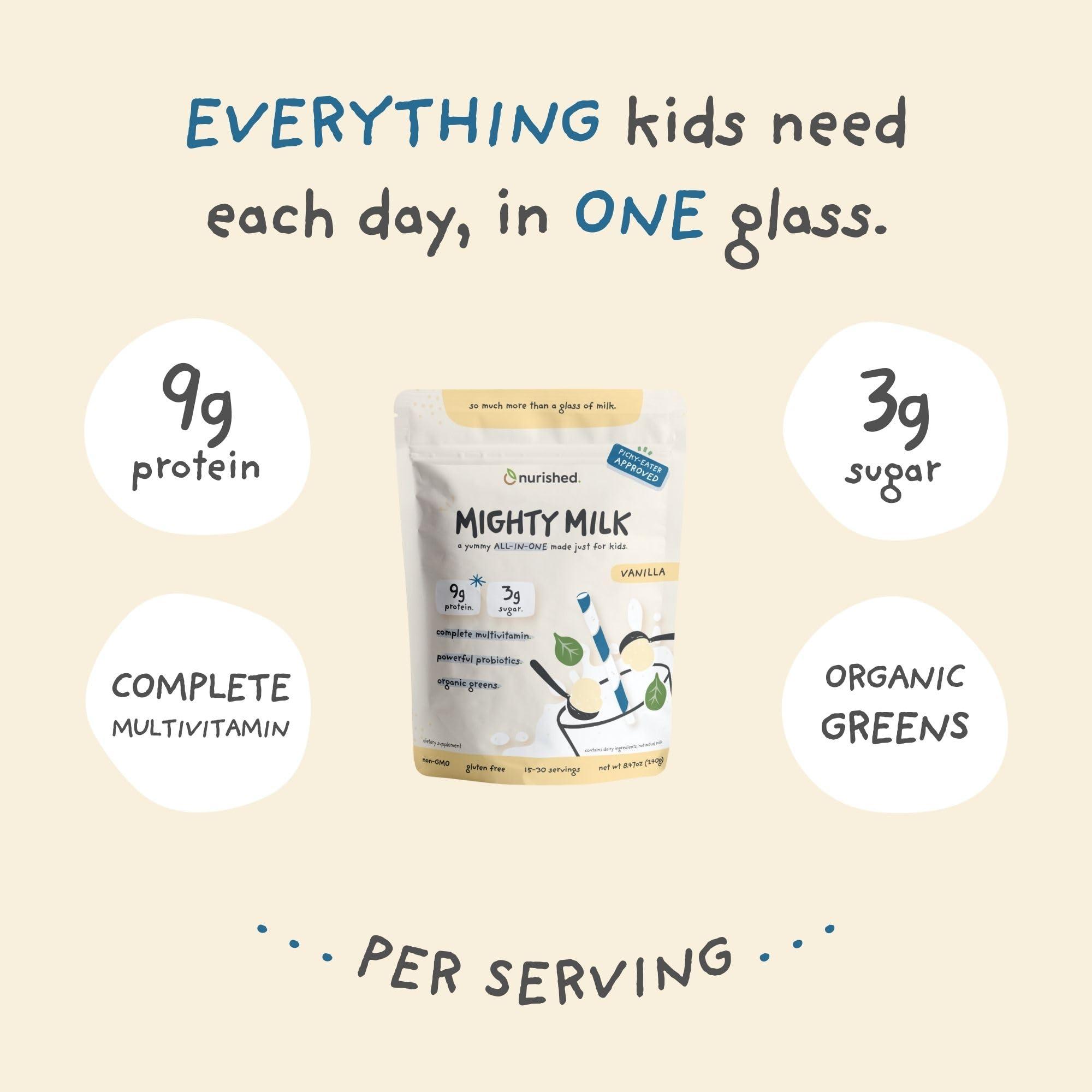 Nurished Nurished Vanilla Mighty Milk - Kids All-in-One Daily Protein Powder & Multivitamin Boosted with 2 Billion Probiotics & Organic Spinach - Natural Flavors, Colors & Sweeteners - 15-30 Servings