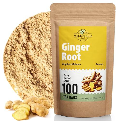WILDFIELD HERBS 100 Ginger Tea Bags Ginger Root Tea Dry Dried Herb (Zingiber officinale) - 100 Count 1.5g Tea Bags Ginger Raz de jengibre