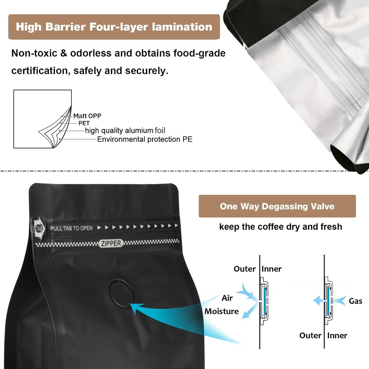 felipack Black Coffee Bags with Valve (Pack of 100, 16oz/1 lb Size) - High Barrier Aluminum Foil - Flat Bottom Coffee Pouches with Rsealable Zipper & Easy Open Tape