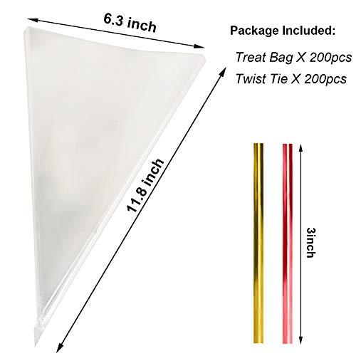 Morepack Cone Cellophane Bags,200 PCS 6.3\"x11.8\" Cello Clear Cone Shaped Treat Bags with Twist Ties, Plastic Cone Bags Triangle Bags for Popcorn Favor Candy