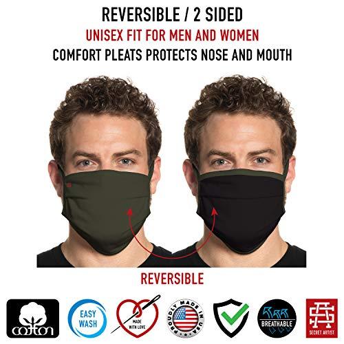 Secret Artist Secret Artist Reversible Unisex Cloth Face Mask- Washable and Reusable. (Fits: X-Large to 2X-Large Face, Military Green/Black Reversible)