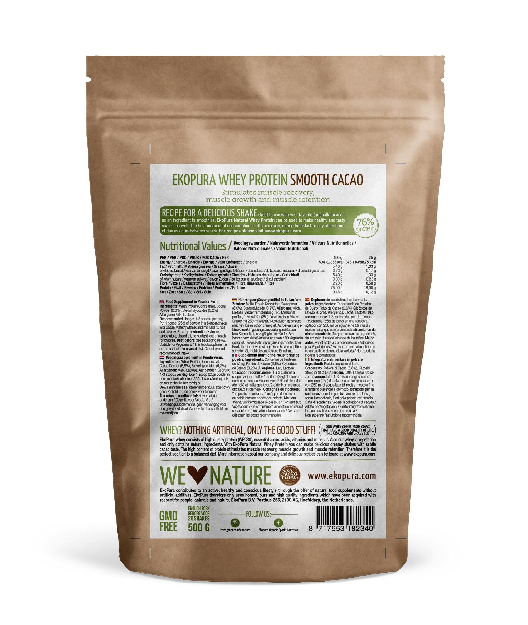 Ekopura Ekopura Natural Whey Protein - Cacao - 76% Protein, Organic Whey from Grass Fed Cows - Free of Nasties - 500g