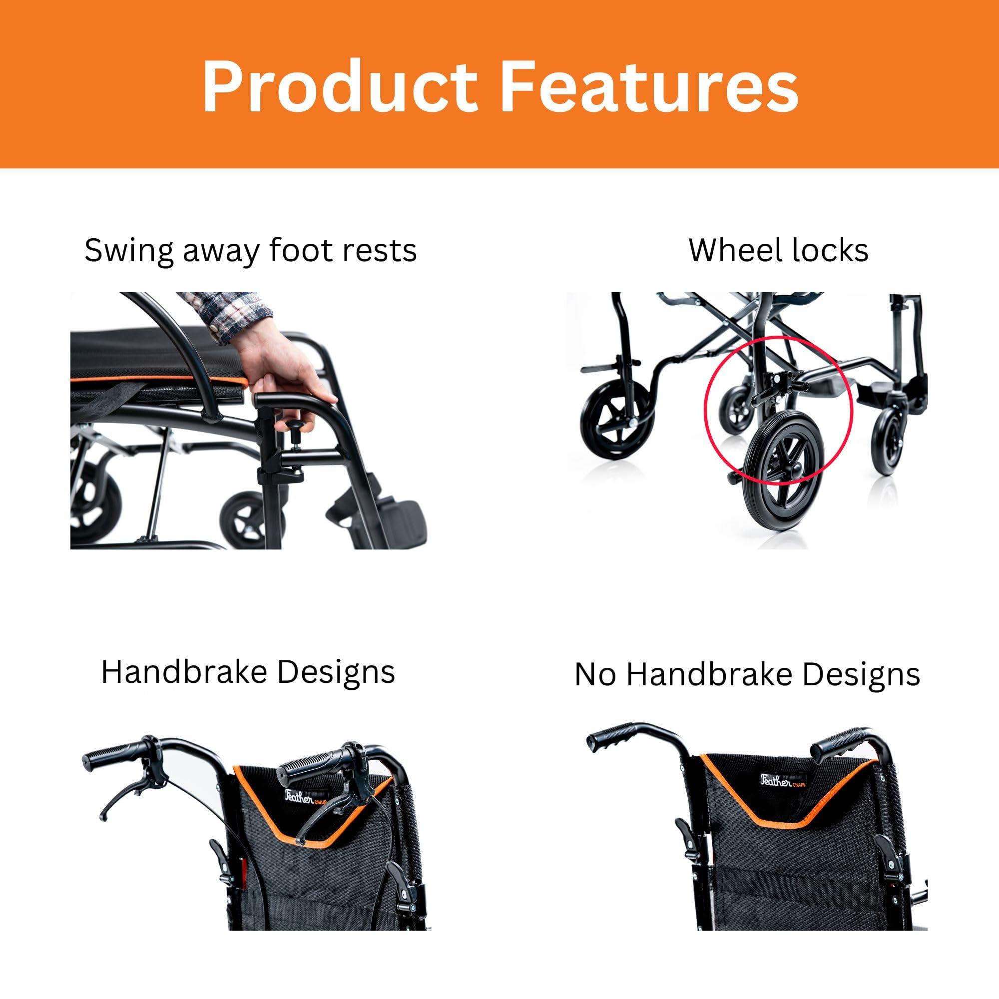 FeatherMobility Feather Mobility - 13lb Frame - Black Lightweight Folding Transport Chair - Without Handbrakes - 300 lb Capacity