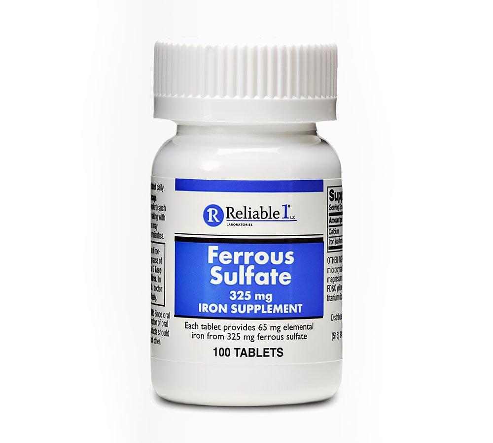 Reliable-1 Laboratories Iron Supplement Ferrous Sulfate 325mg by Reliable 1 | Iron Pills for Women and Men | Iron Supplements for Anemia and Iron Deficiency | 100 Iron Tablets per Bottle