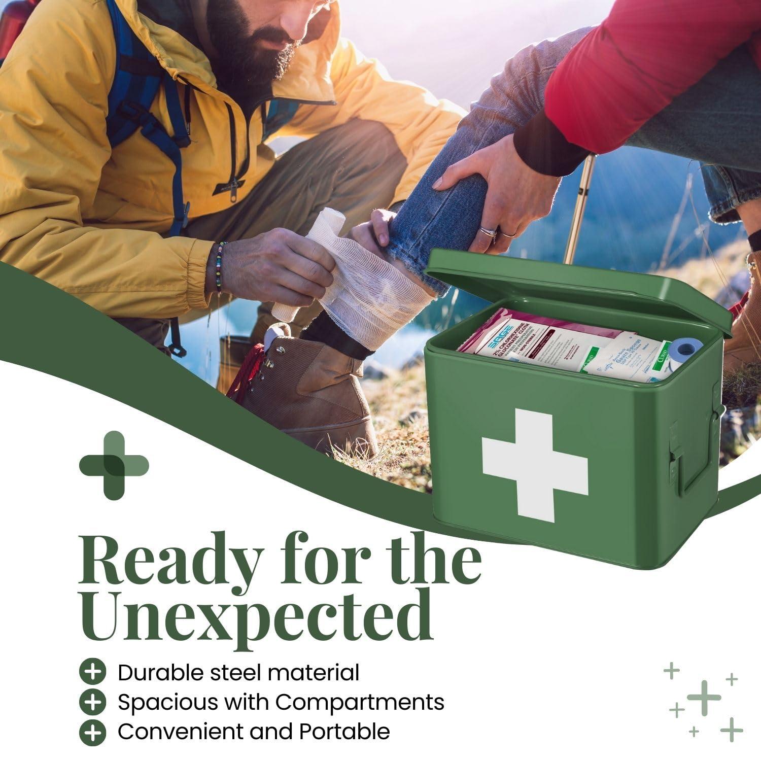 Flexzion Flexzion First Aid Box Organizer, Empty 8.5 Inch Green Vintage First Aid Kit Tin Metal Medical Box First Aid Storage Box Container Bins with Dividers, Removable Tray and Cross Logo