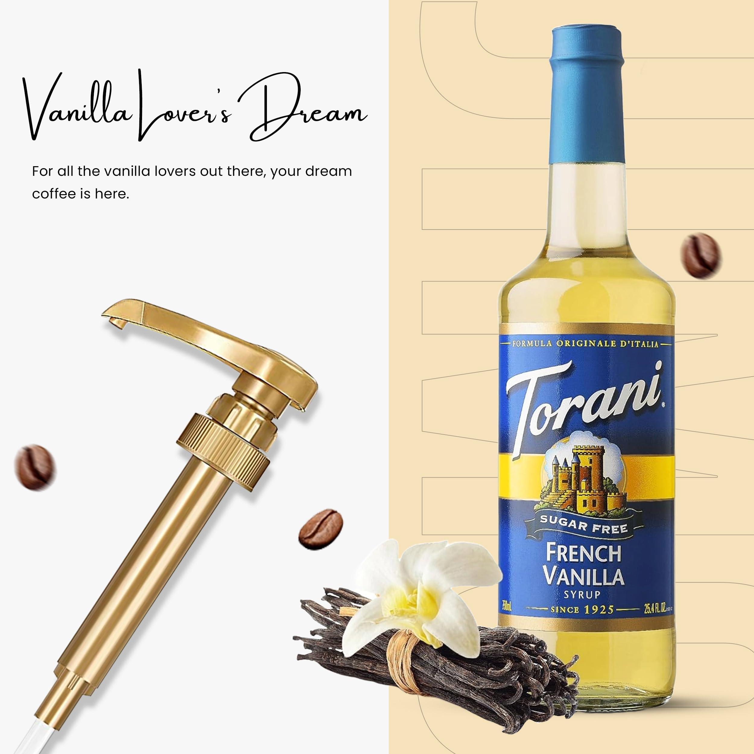 Jimoco Torani Sugar Free French Vanilla Syrup for Coffee 25.4 Ounces Coffee Syrups and Flavors with Jimoco Pump Syrup Dispenser